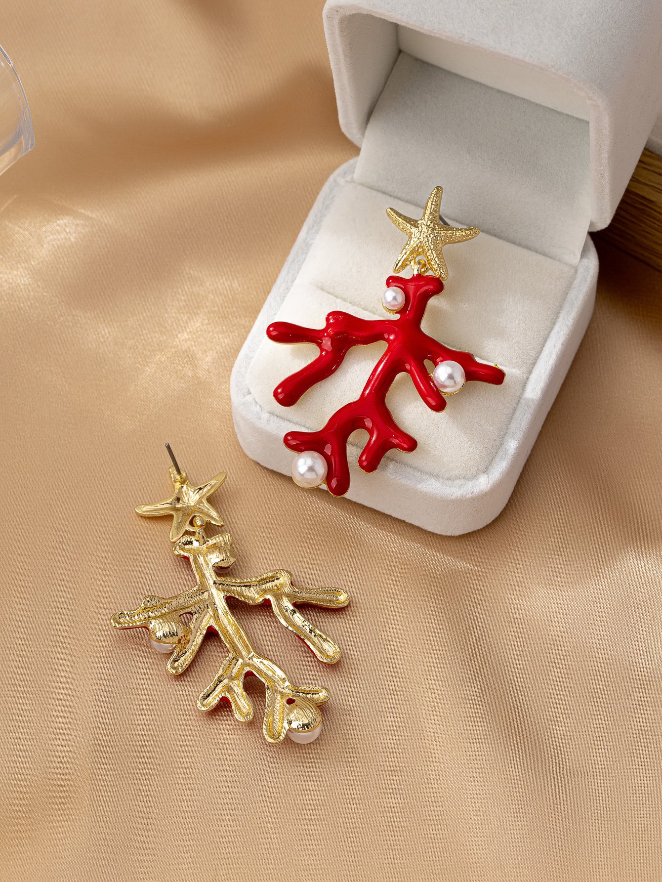 Coral Branch and Starfish Drop Earrings with Pearls.