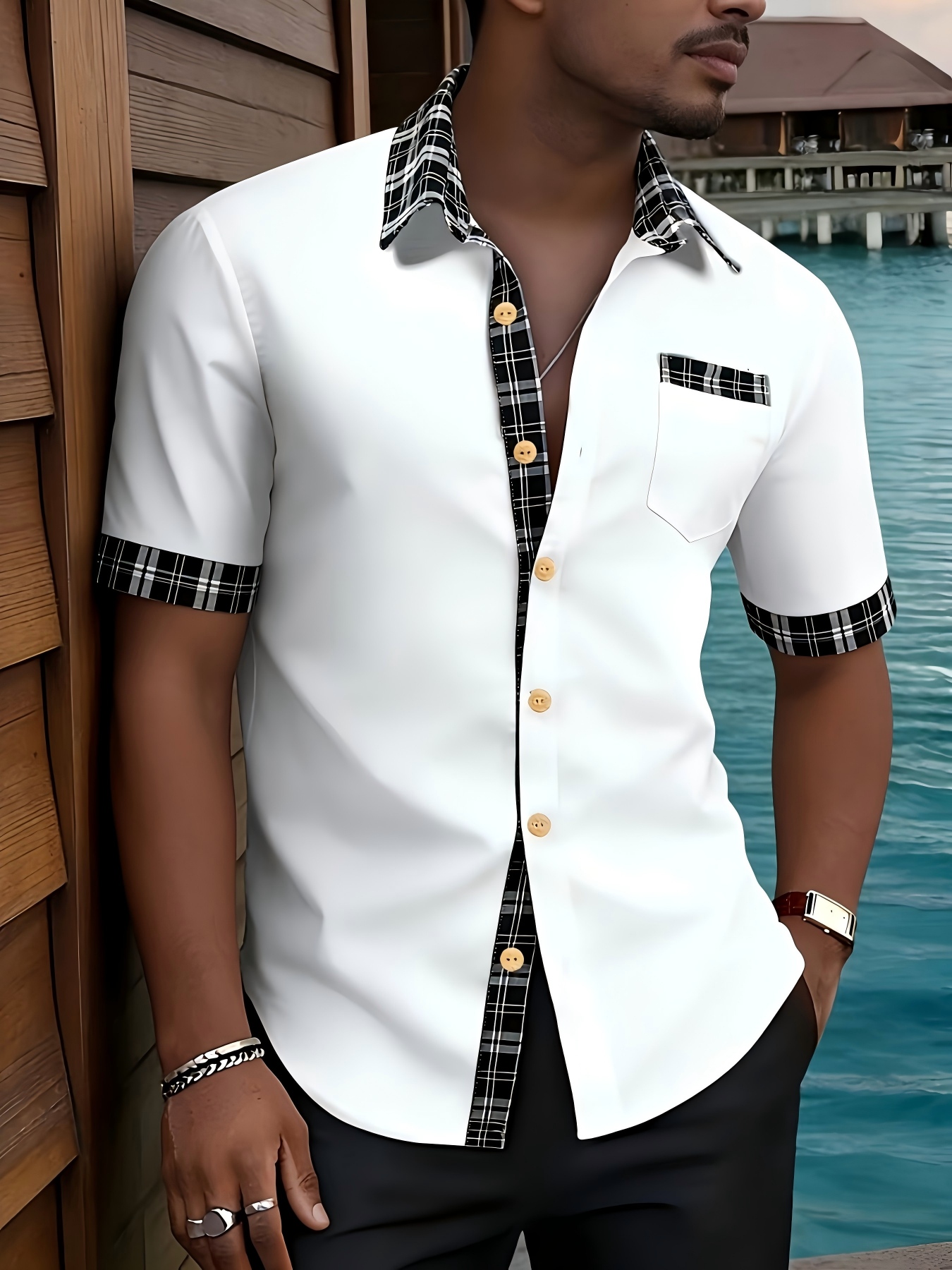 White Short Sleeve Shirt with Plaid Accents and Spread Collar