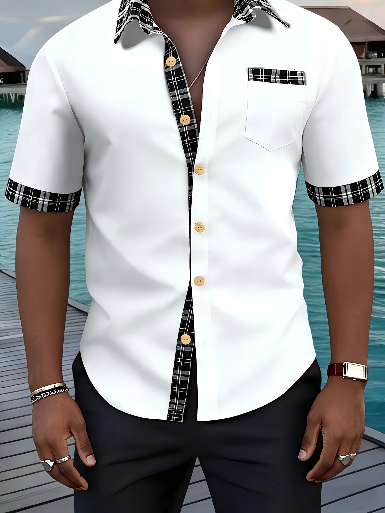 White Short Sleeve Shirt with Plaid Accents and Spread Collar