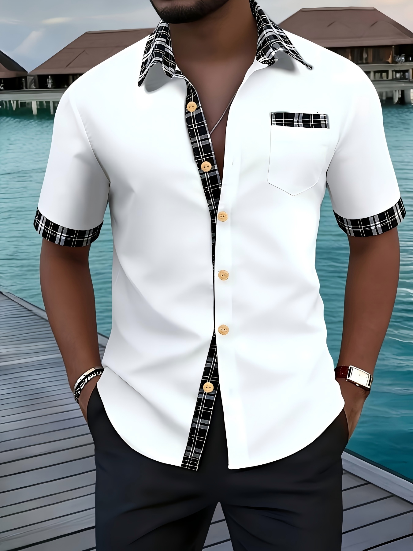 White Short Sleeve Shirt with Plaid Accents and Spread Collar