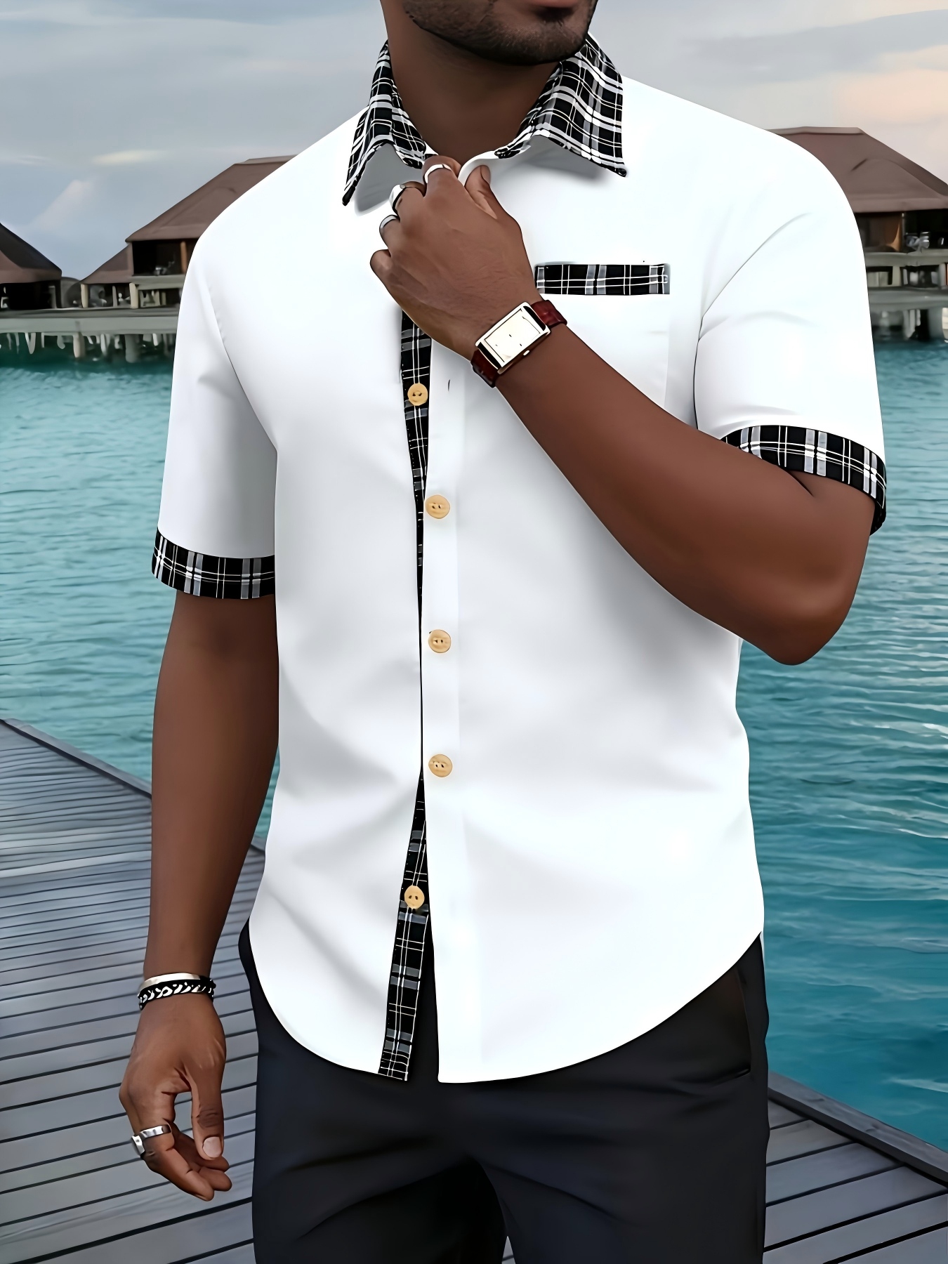 White Short Sleeve Shirt with Plaid Accents and Spread Collar