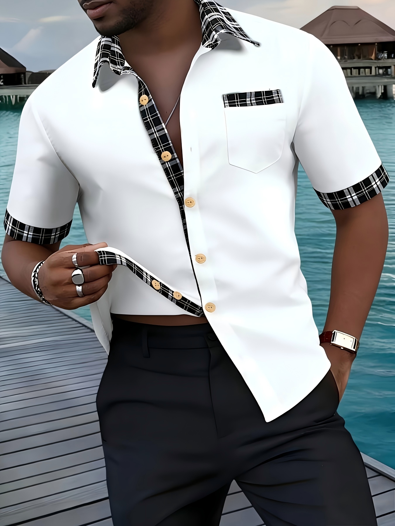 White Short Sleeve Shirt with Plaid Accents and Spread Collar