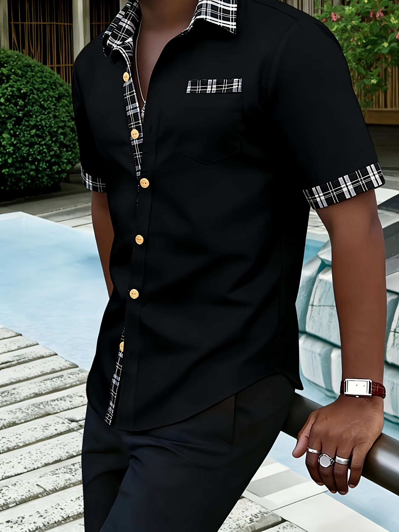Black Short-Sleeve Shirt with Plaid Trim Spread Collar
