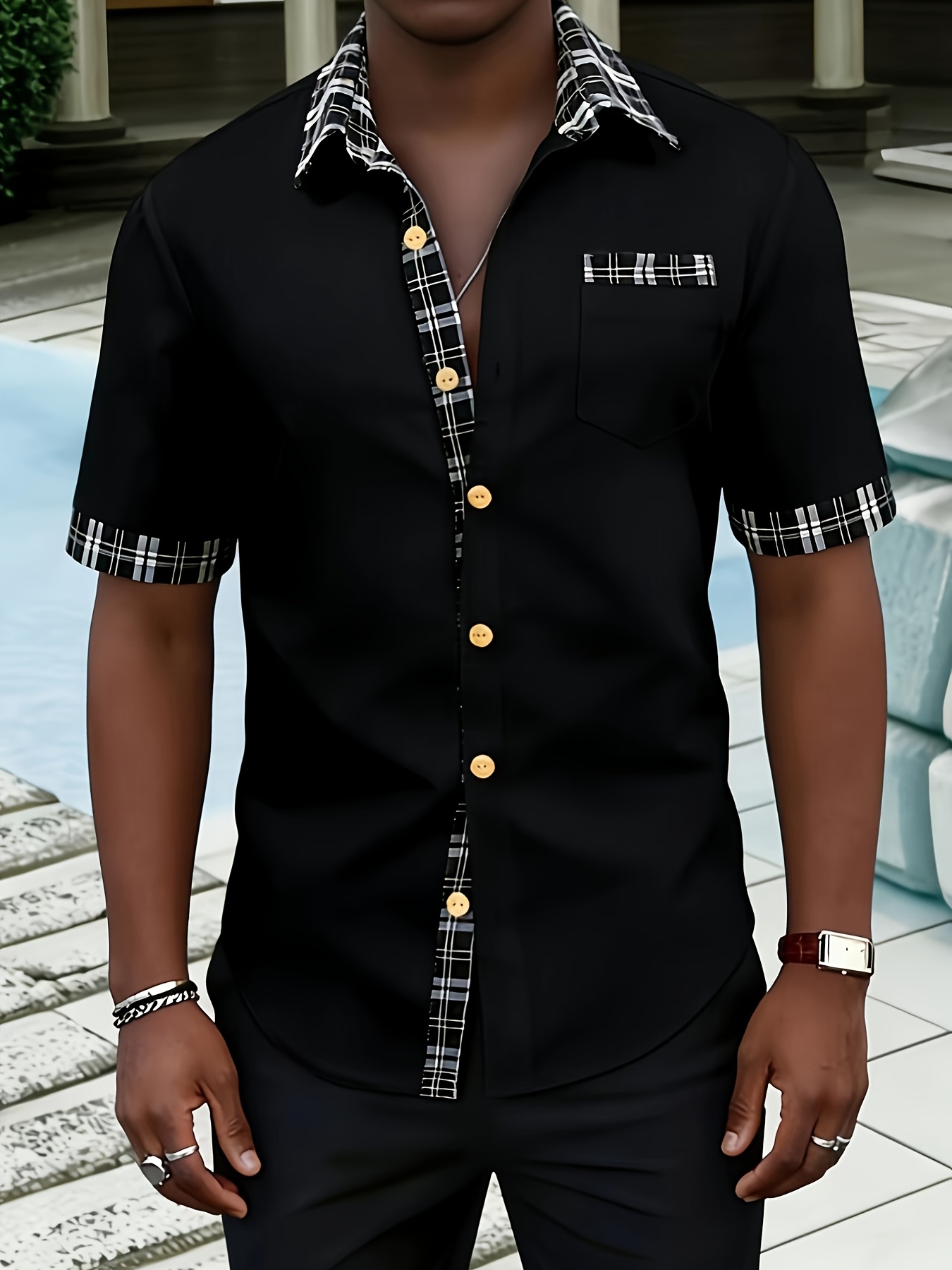 Black Short-Sleeve Shirt with Plaid Trim Spread Collar