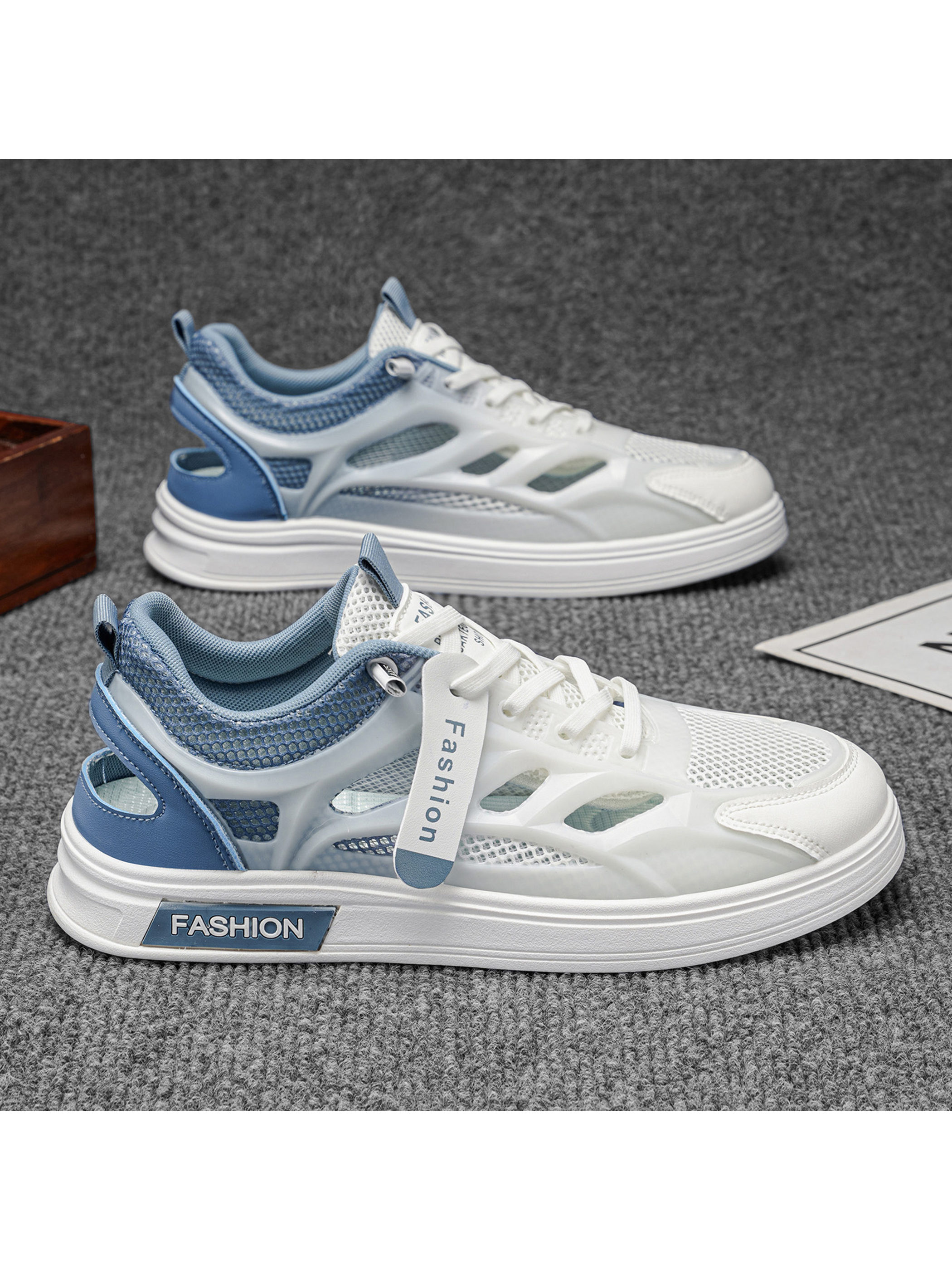Blue and White Mesh Breathable Lace-Up Sneakers