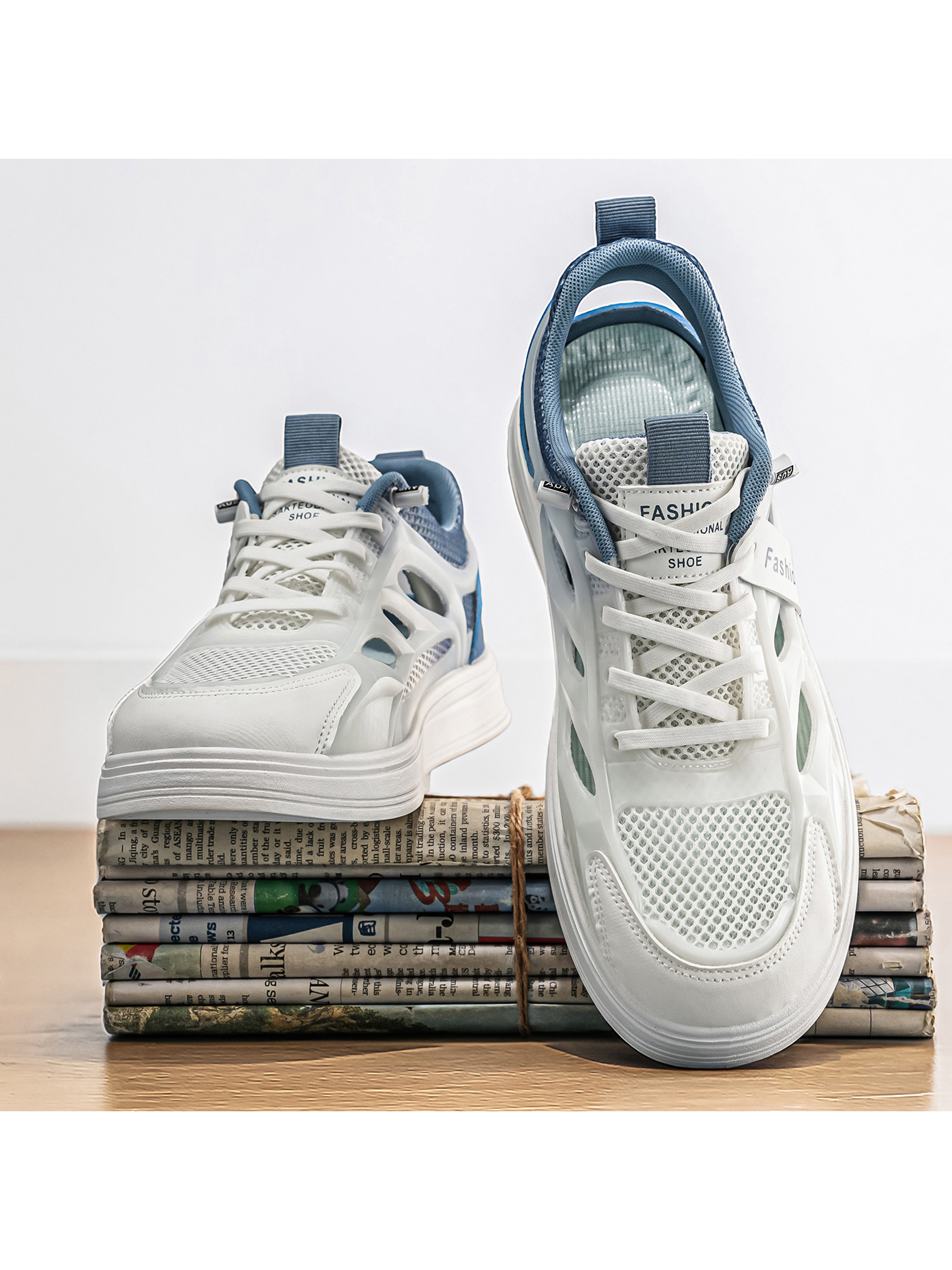 Blue and White Mesh Breathable Lace-Up Sneakers