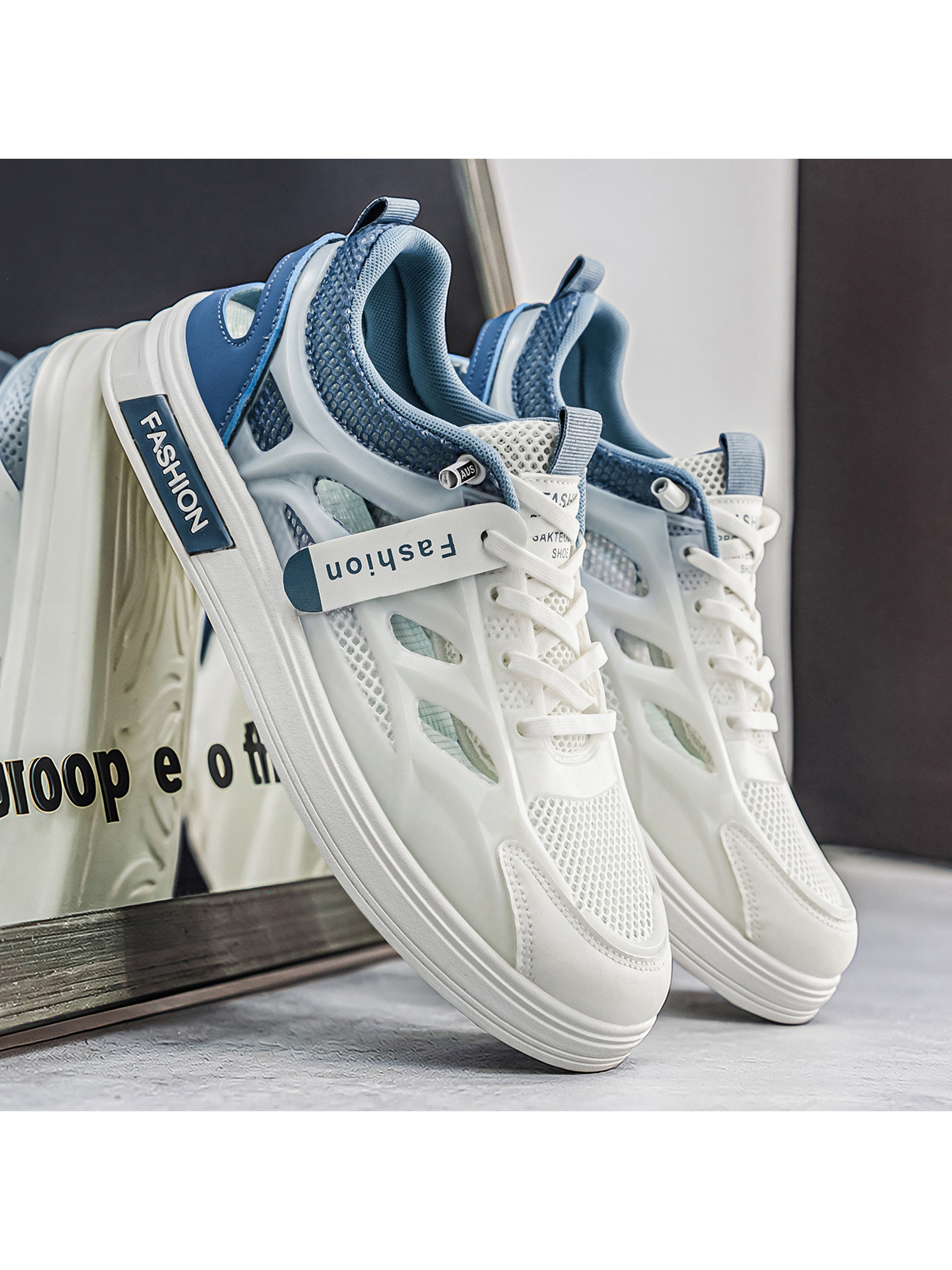 Blue and White Mesh Breathable Lace-Up Sneakers