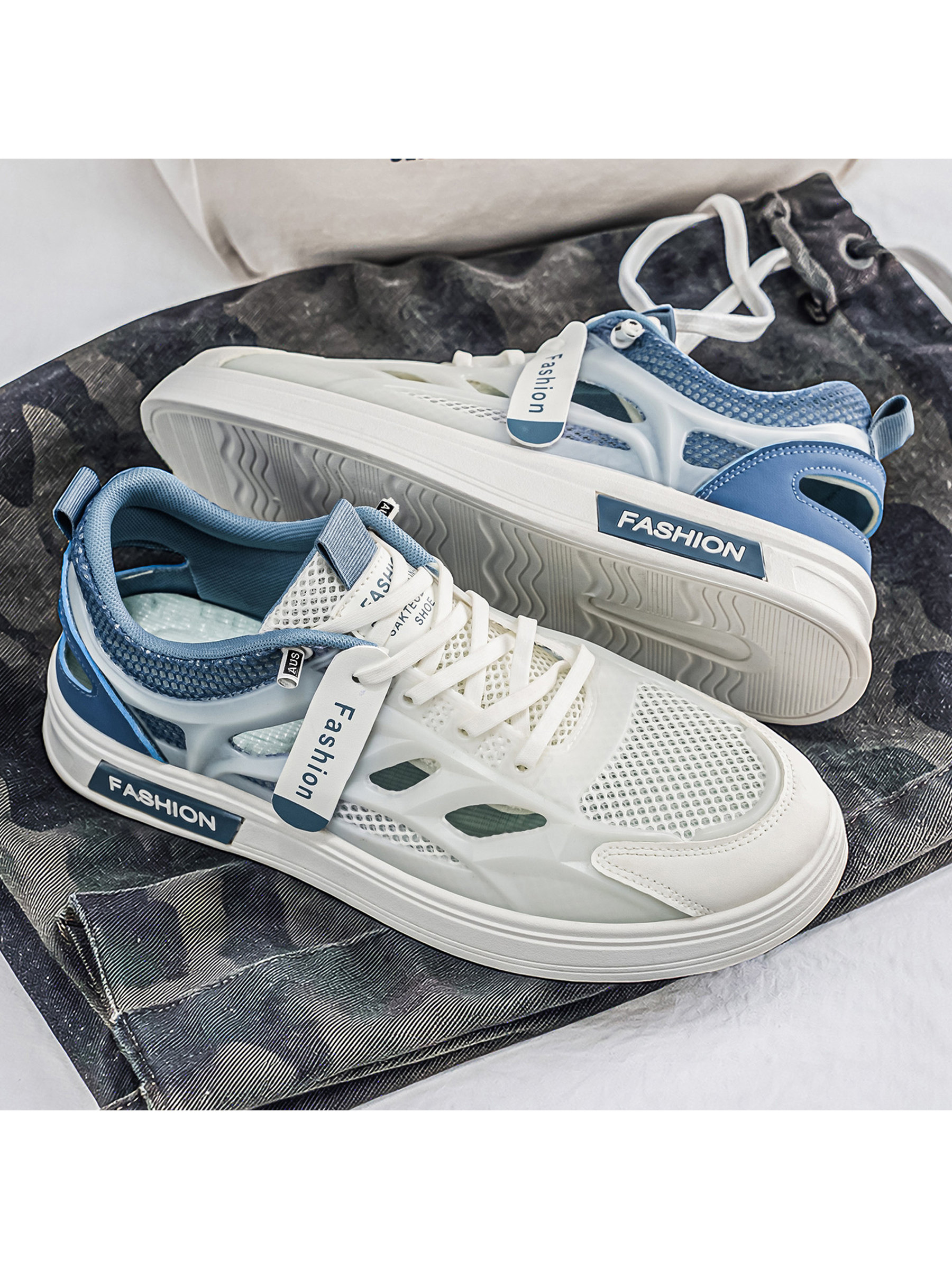 Blue and White Mesh Breathable Lace-Up Sneakers
