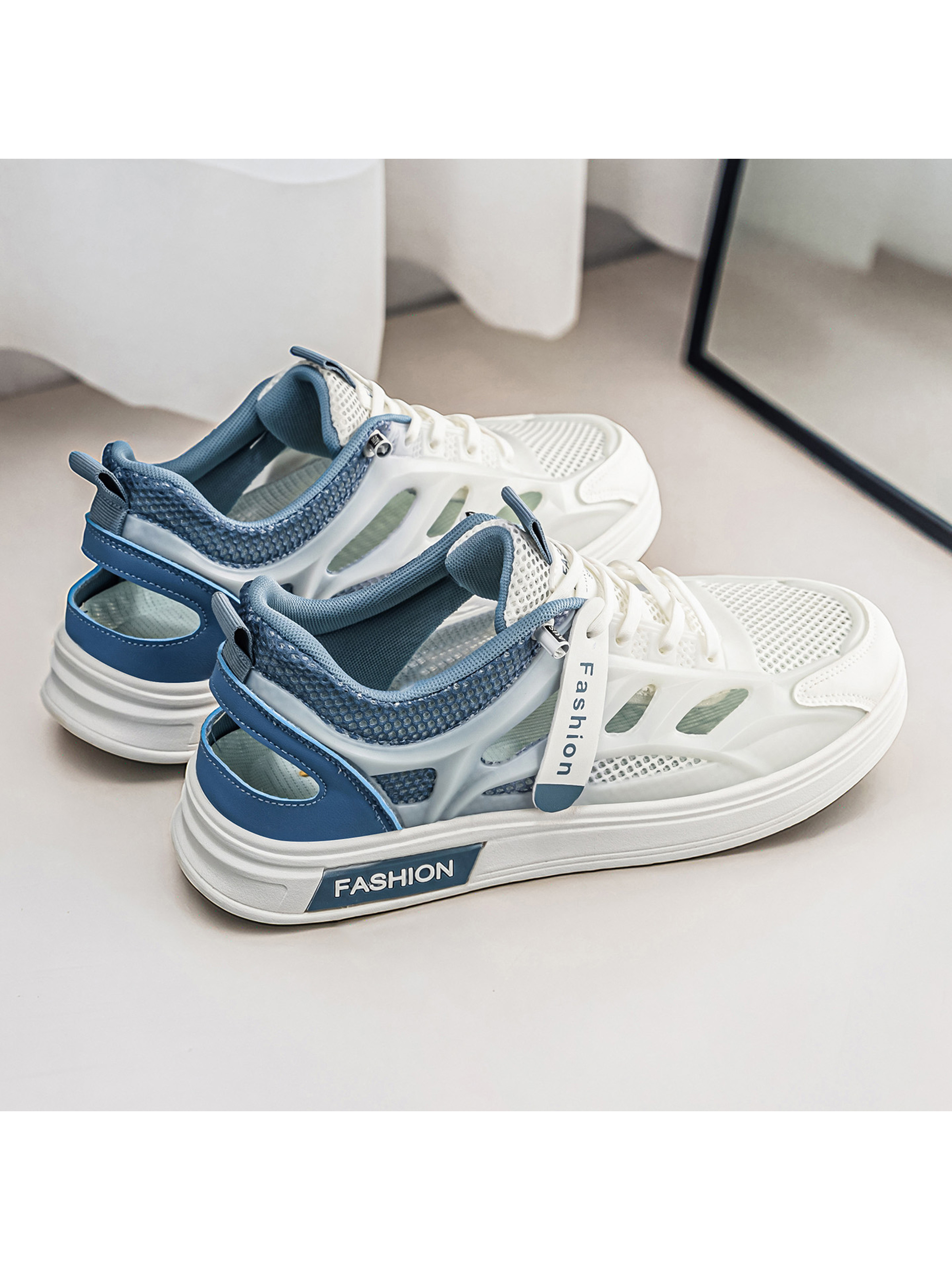 Blue and White Mesh Breathable Lace-Up Sneakers