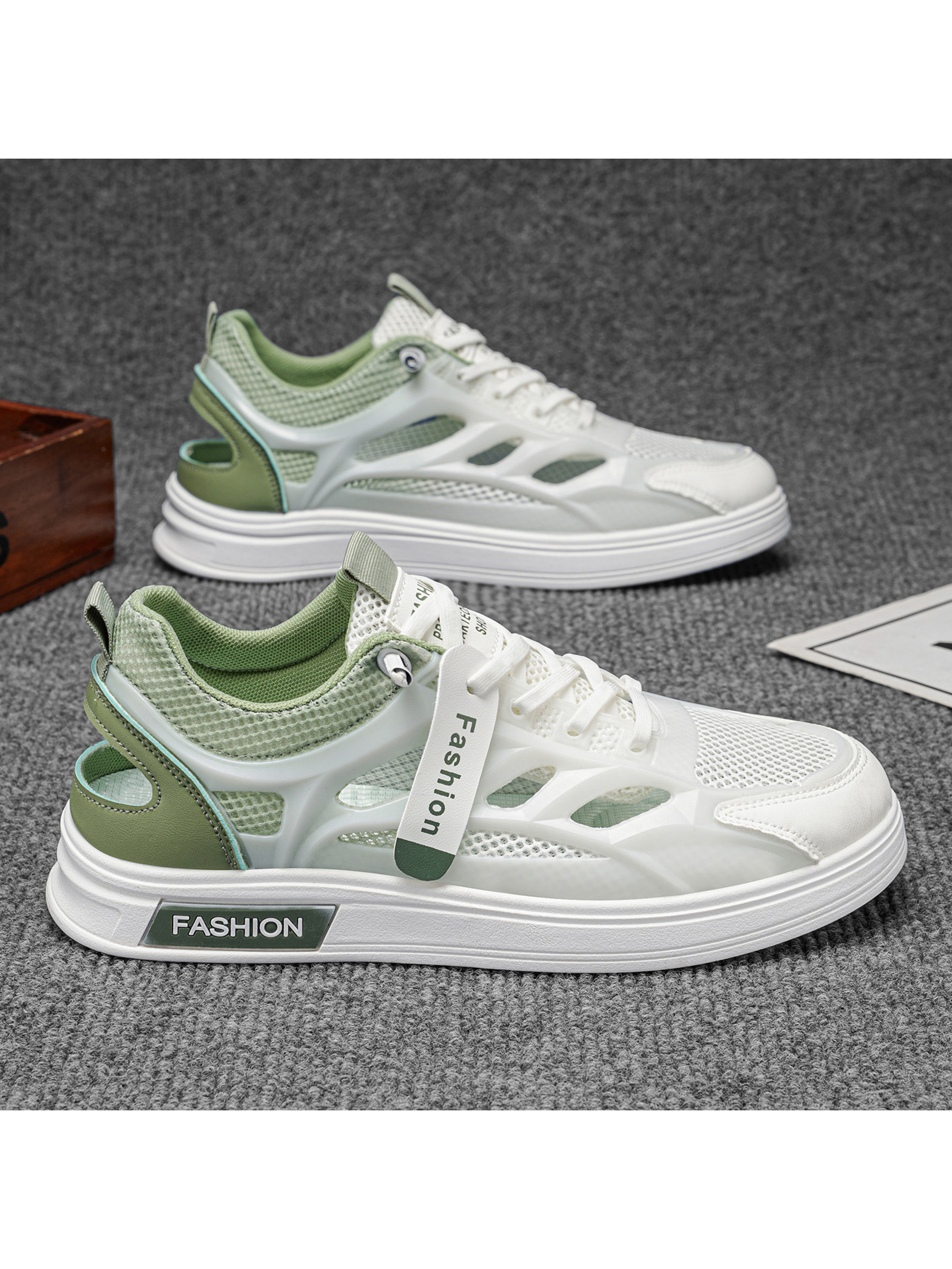 Green and White Mesh Breathable Lace-Up Sneakers