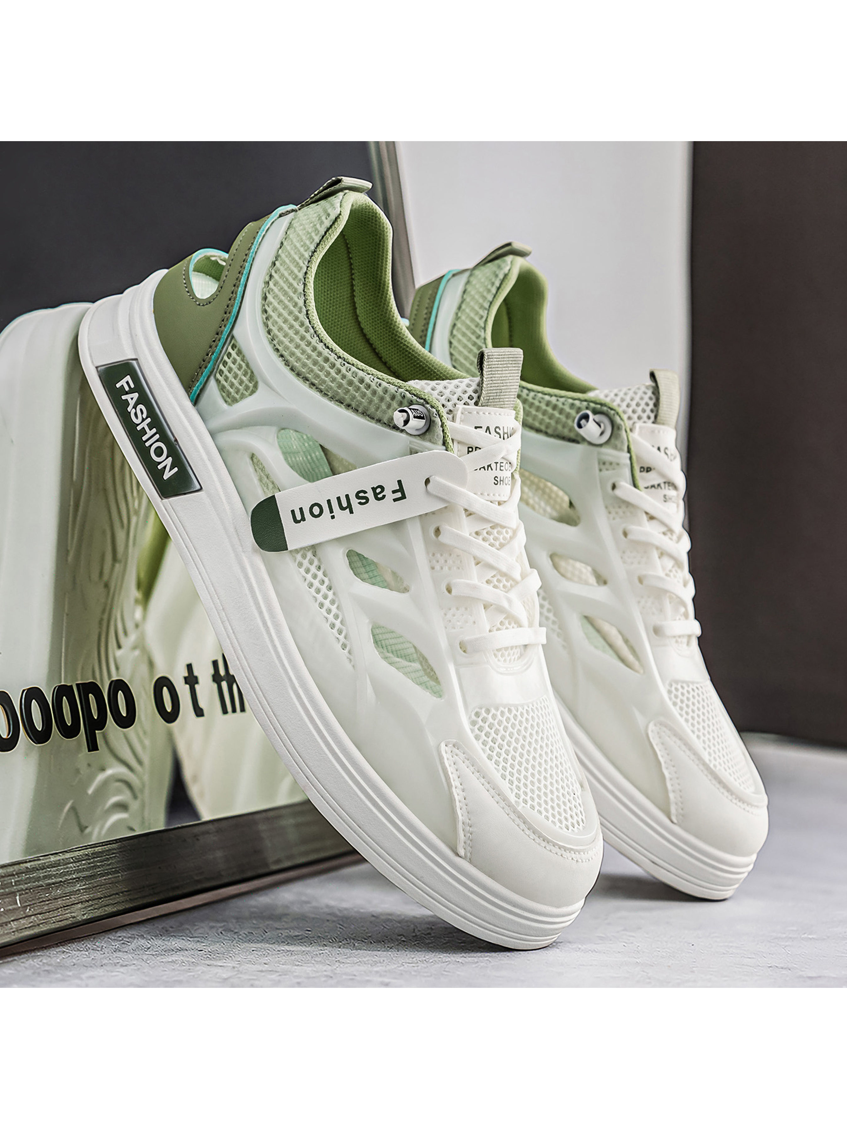 Green and White Mesh Breathable Lace-Up Sneakers