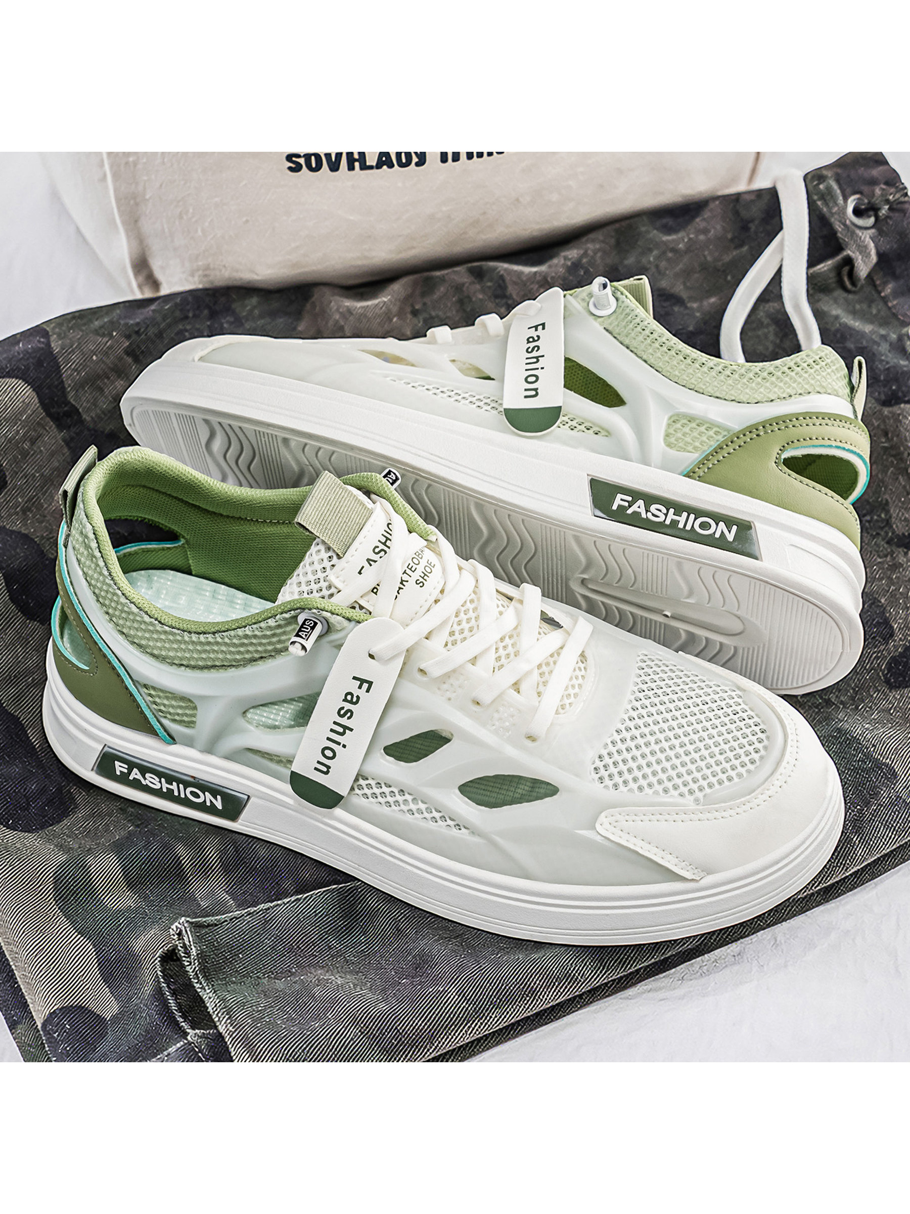Green and White Mesh Breathable Lace-Up Sneakers