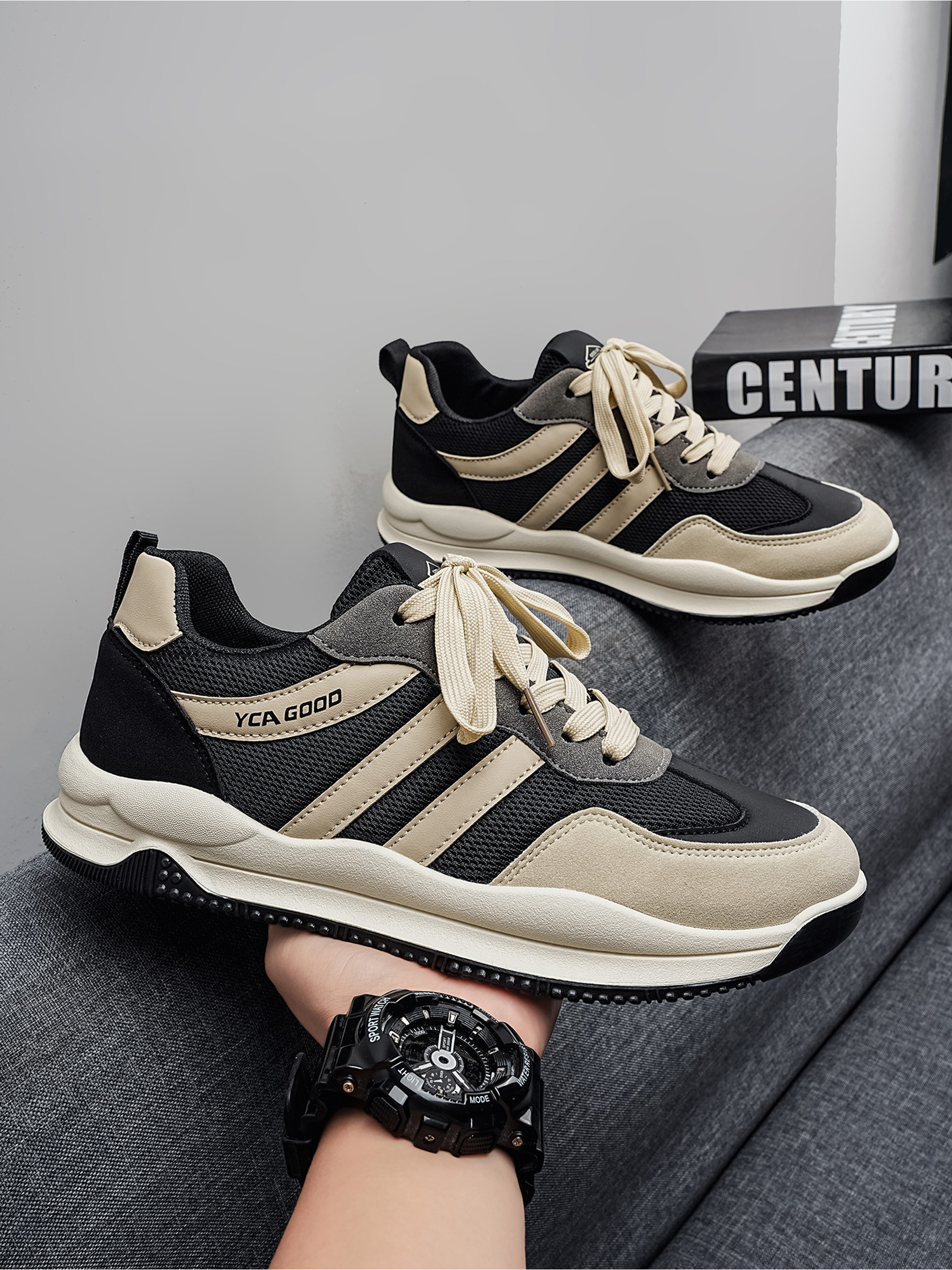 Black and Beige Retro Sport Sneakers
