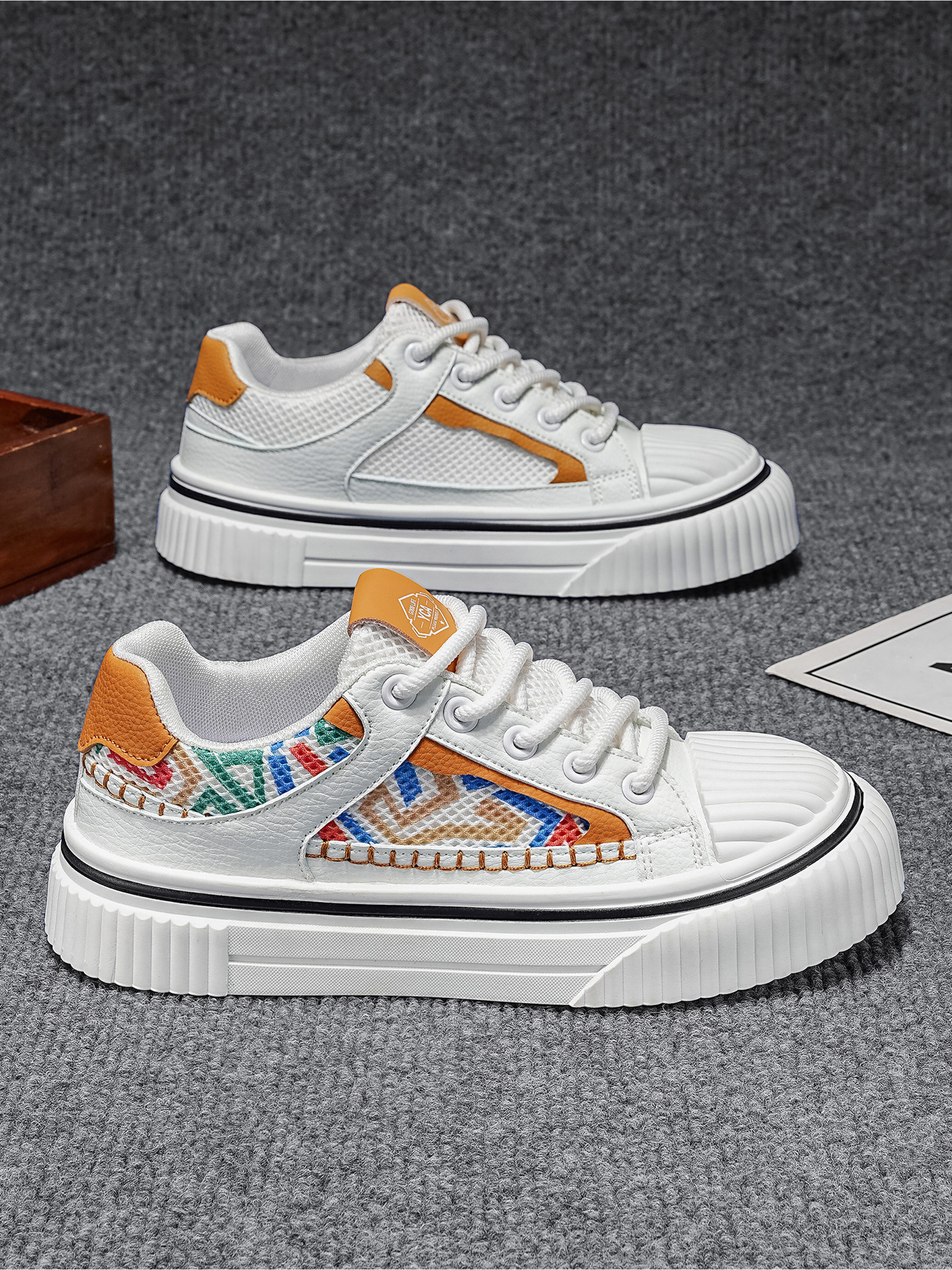 Khaki Aztec Pattern Lace-Up Sneakers
