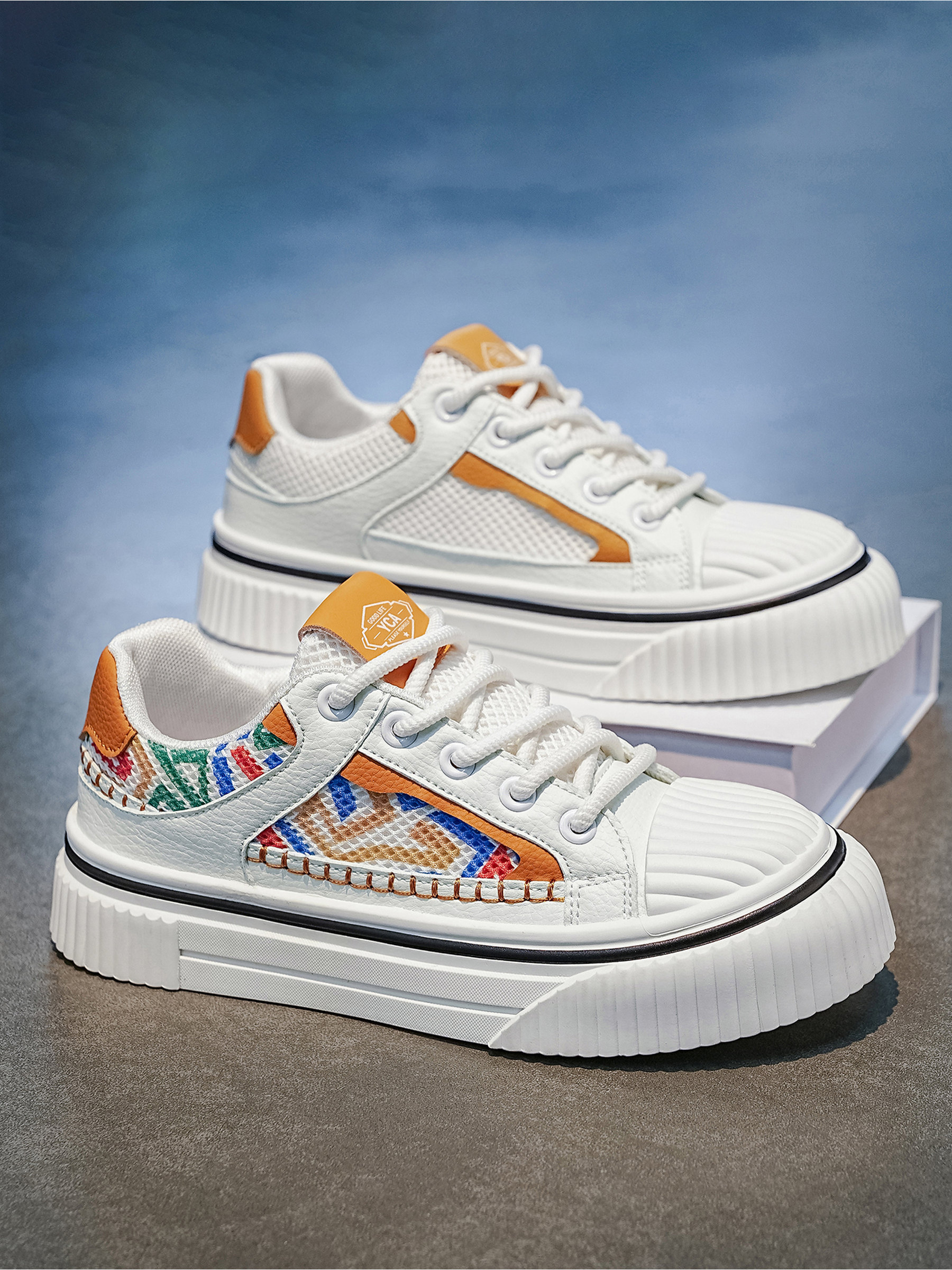 Khaki Aztec Pattern Lace-Up Sneakers