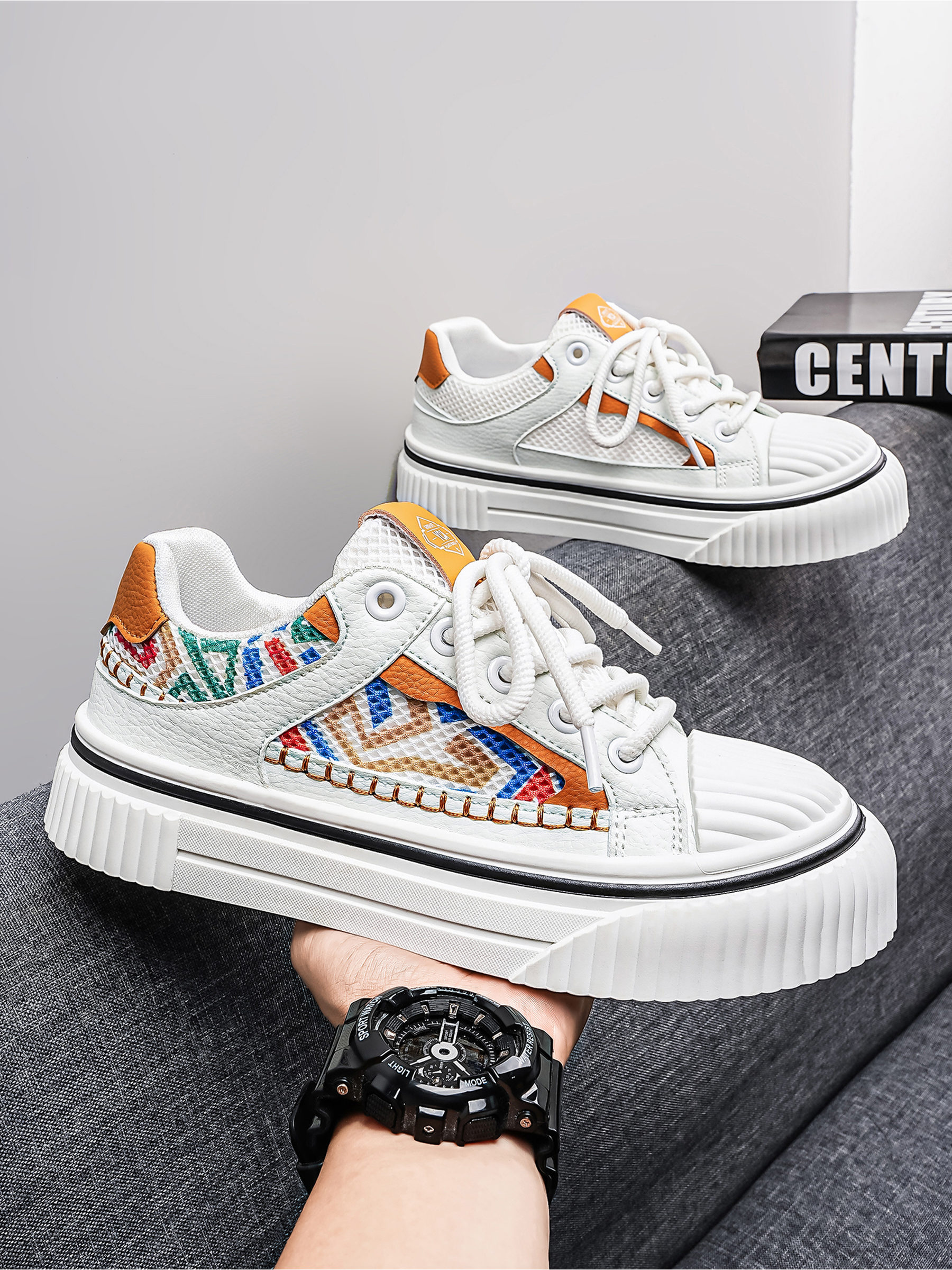 Khaki Aztec Pattern Lace-Up Sneakers
