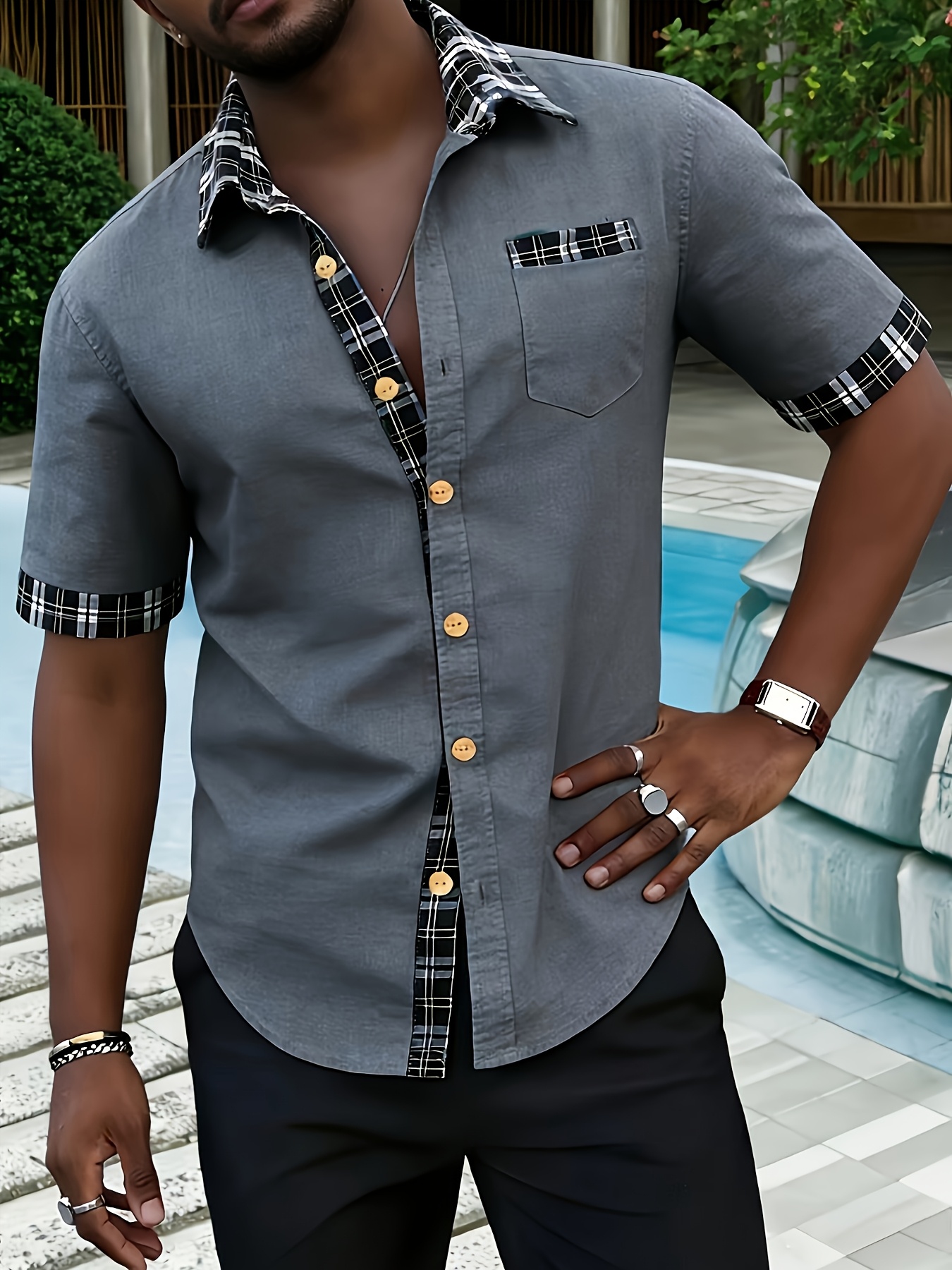 Grey Short-Sleeve Shirt with Plaid Trim and Spread Collar
