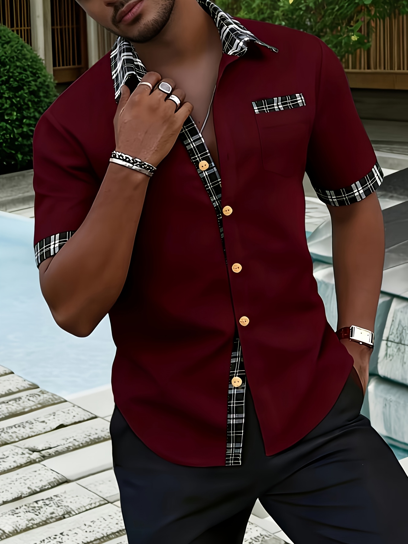 Burgundy Spread Collar Short-Sleeve Shirt