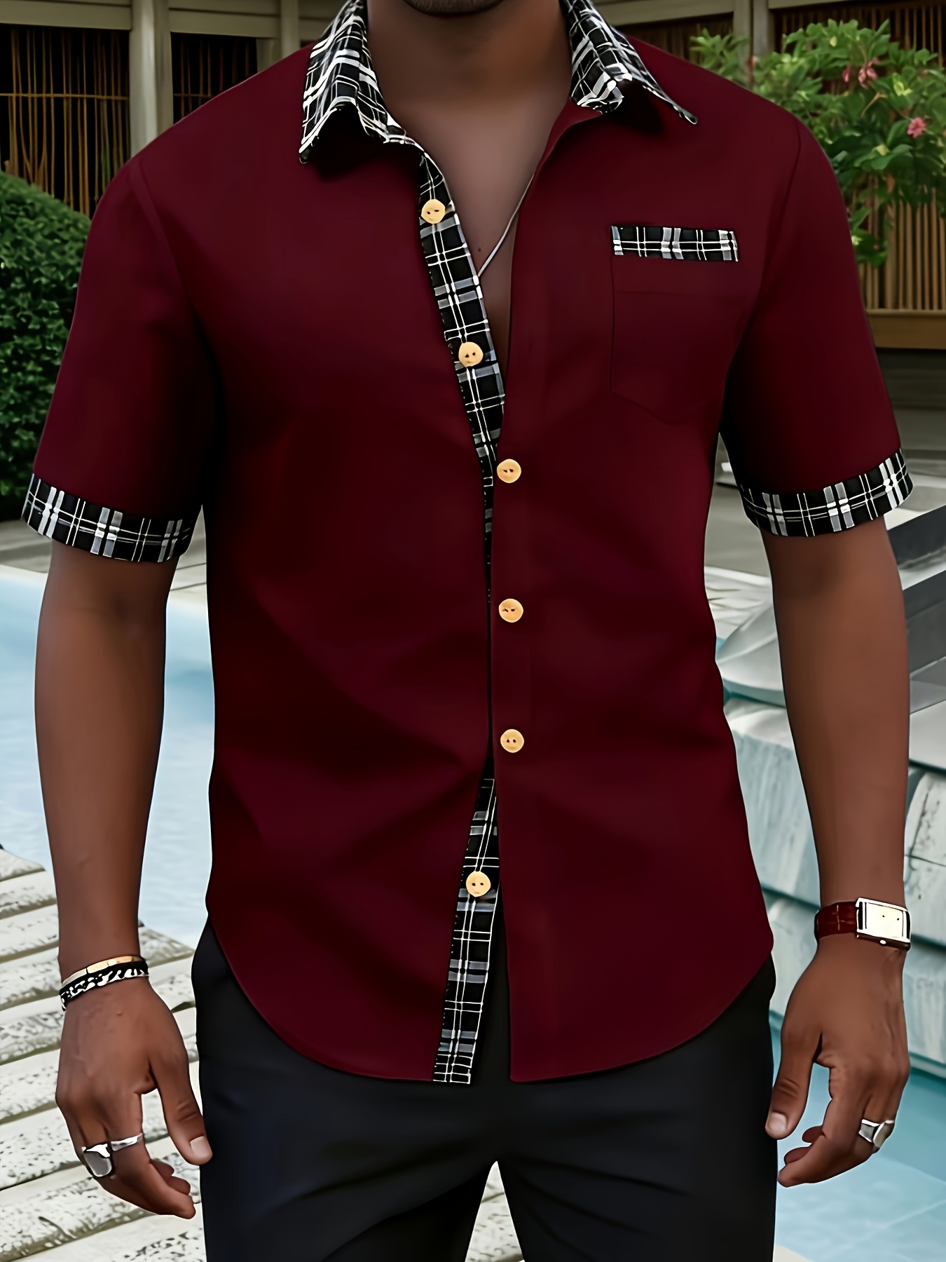 Burgundy Spread Collar Short-Sleeve Shirt
