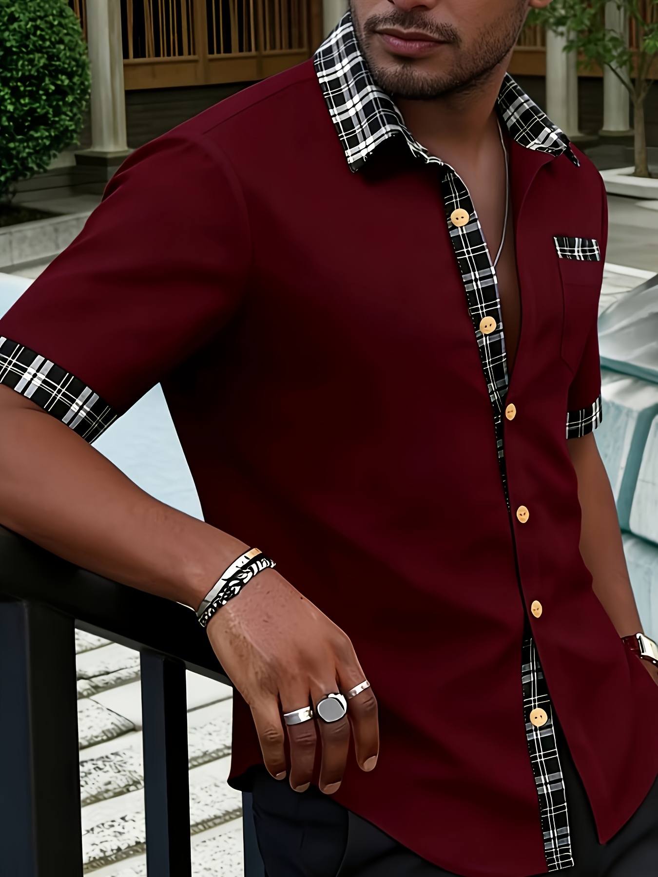 Burgundy Spread Collar Short-Sleeve Shirt