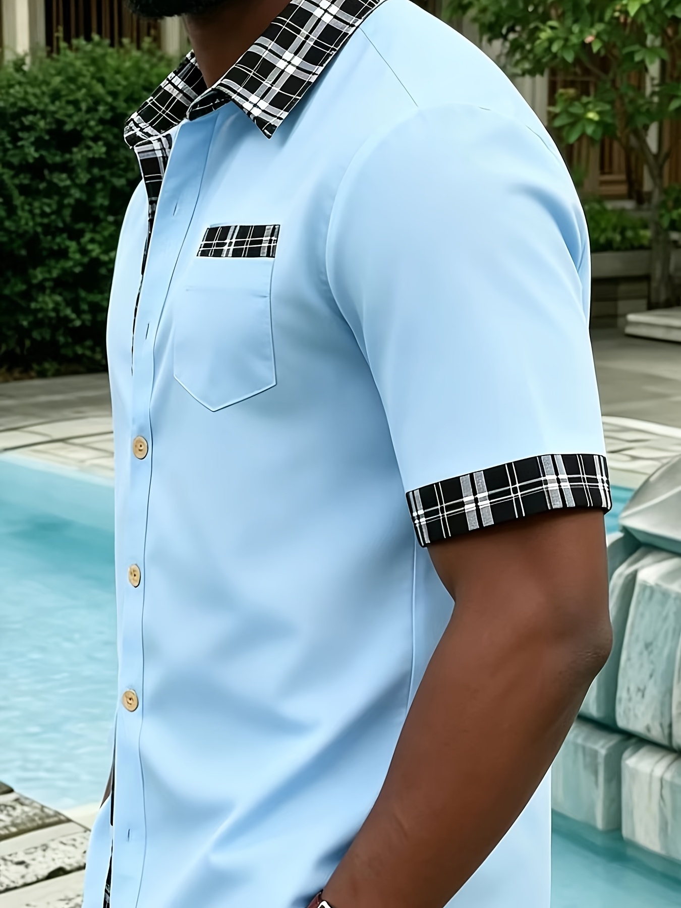 Sky Blue Short Sleeve Shirt with Plaid Trim