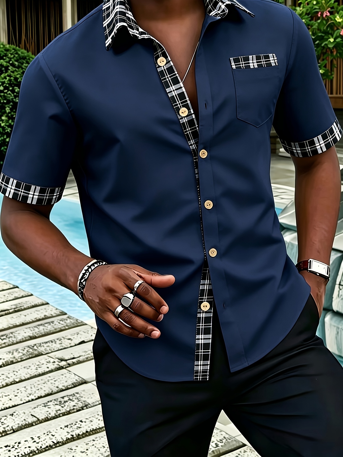 Navy Blue Short-Sleeve Plain Shirt with Spread Collar