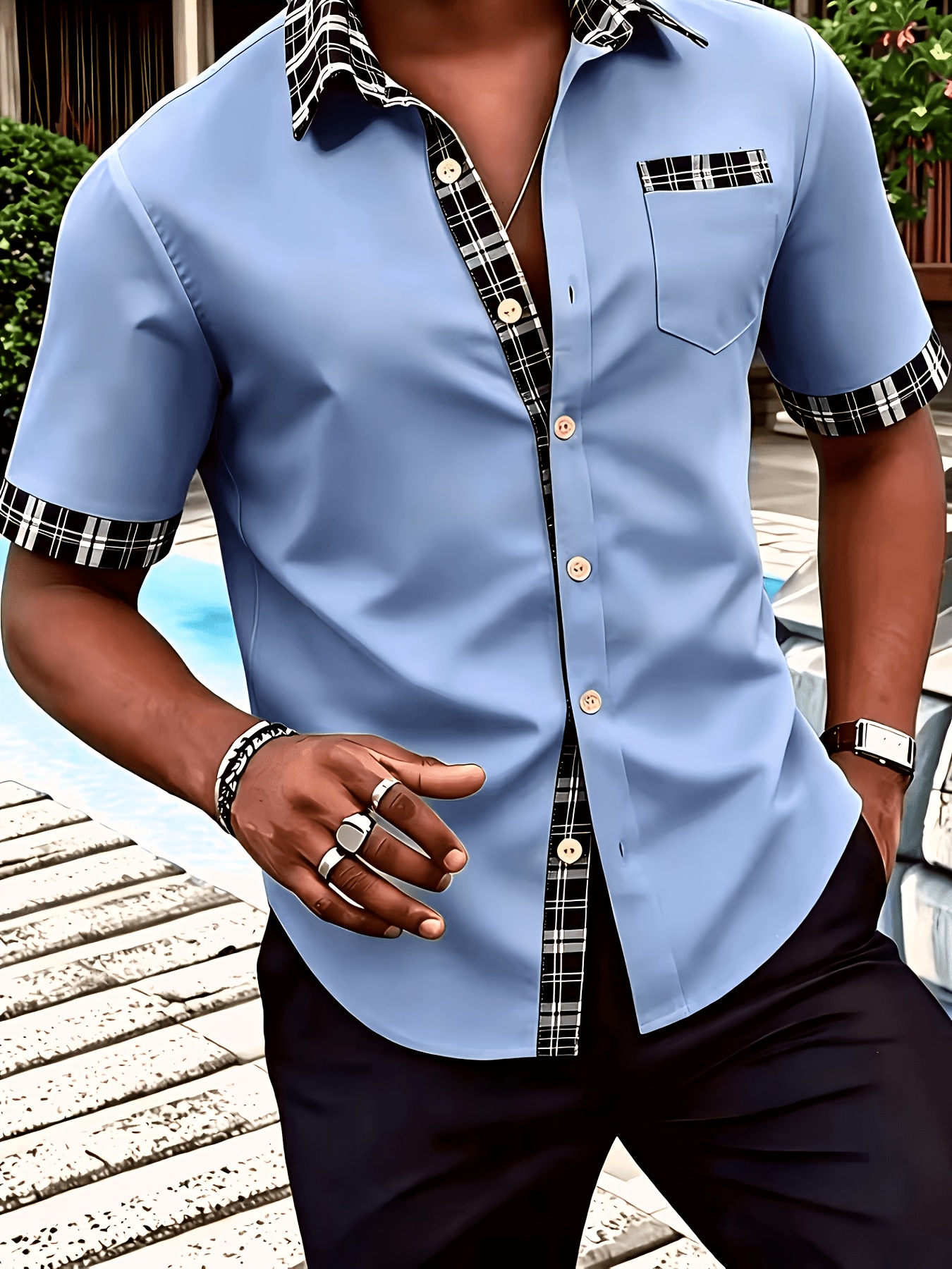 Sky Blue Plain Short-Sleeve Shirt with Plaid Trim