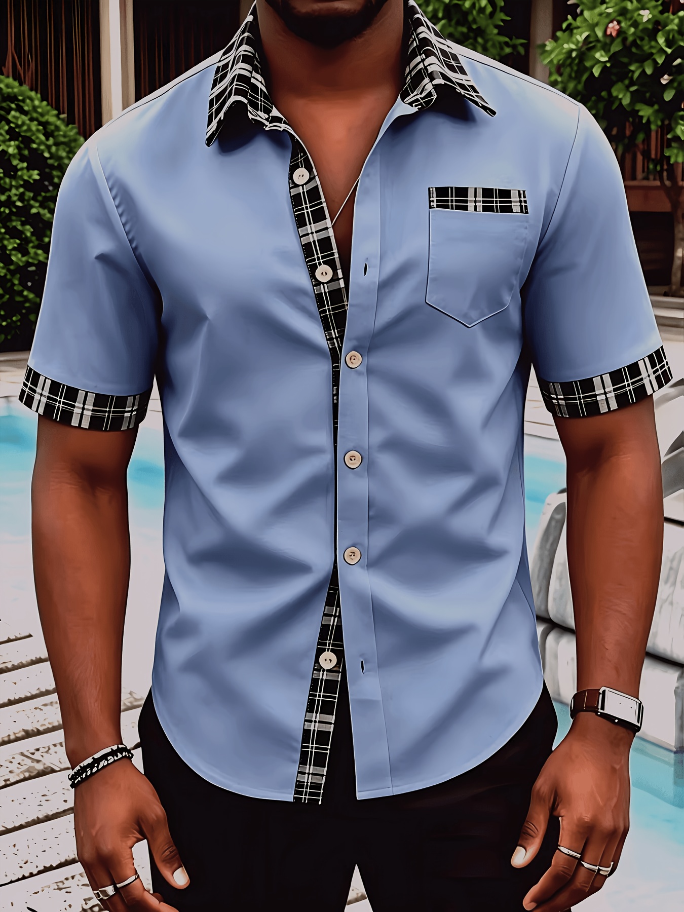 Sky Blue Plain Short-Sleeve Shirt with Plaid Trim