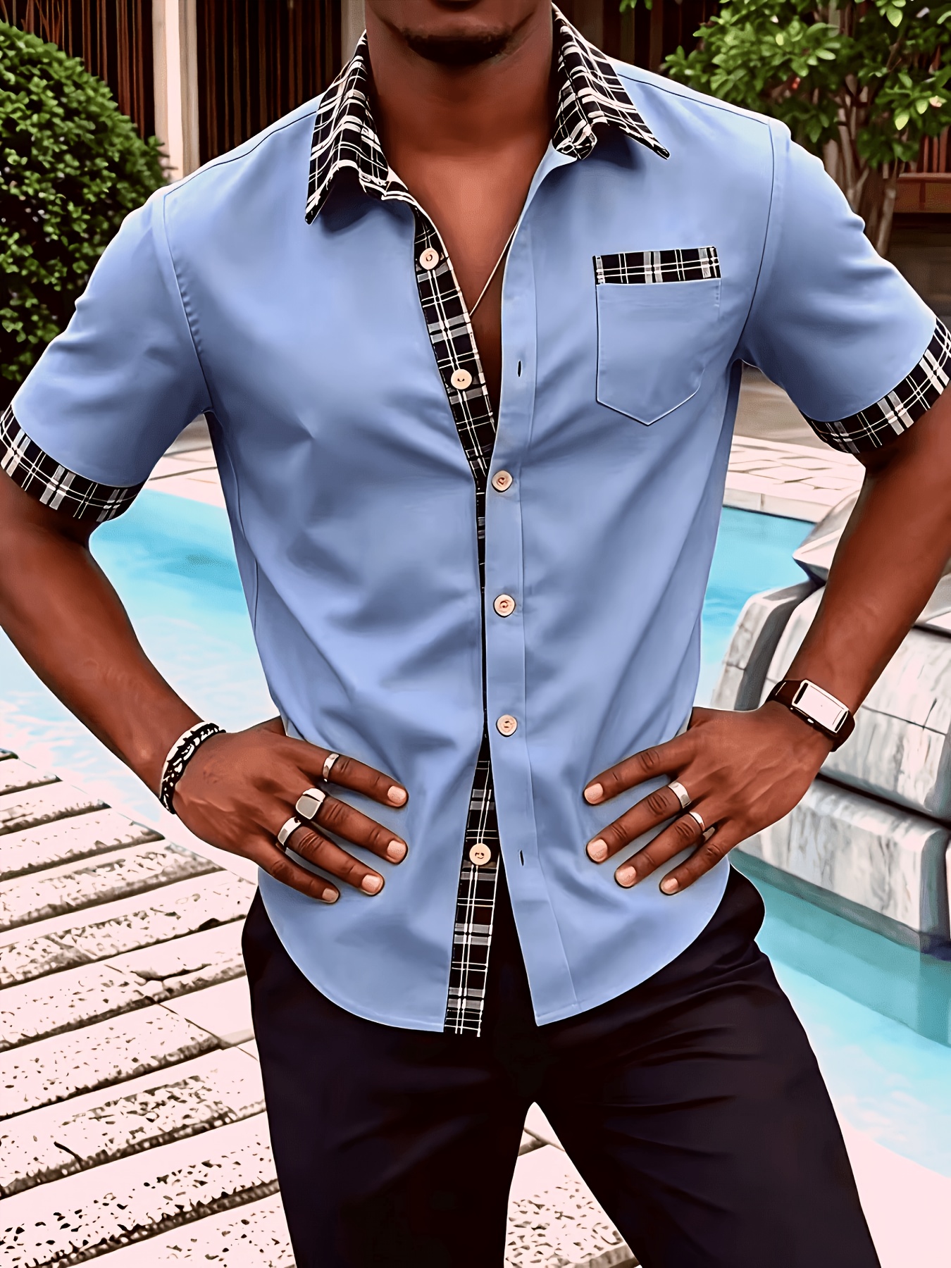 Sky Blue Plain Short-Sleeve Shirt with Plaid Trim