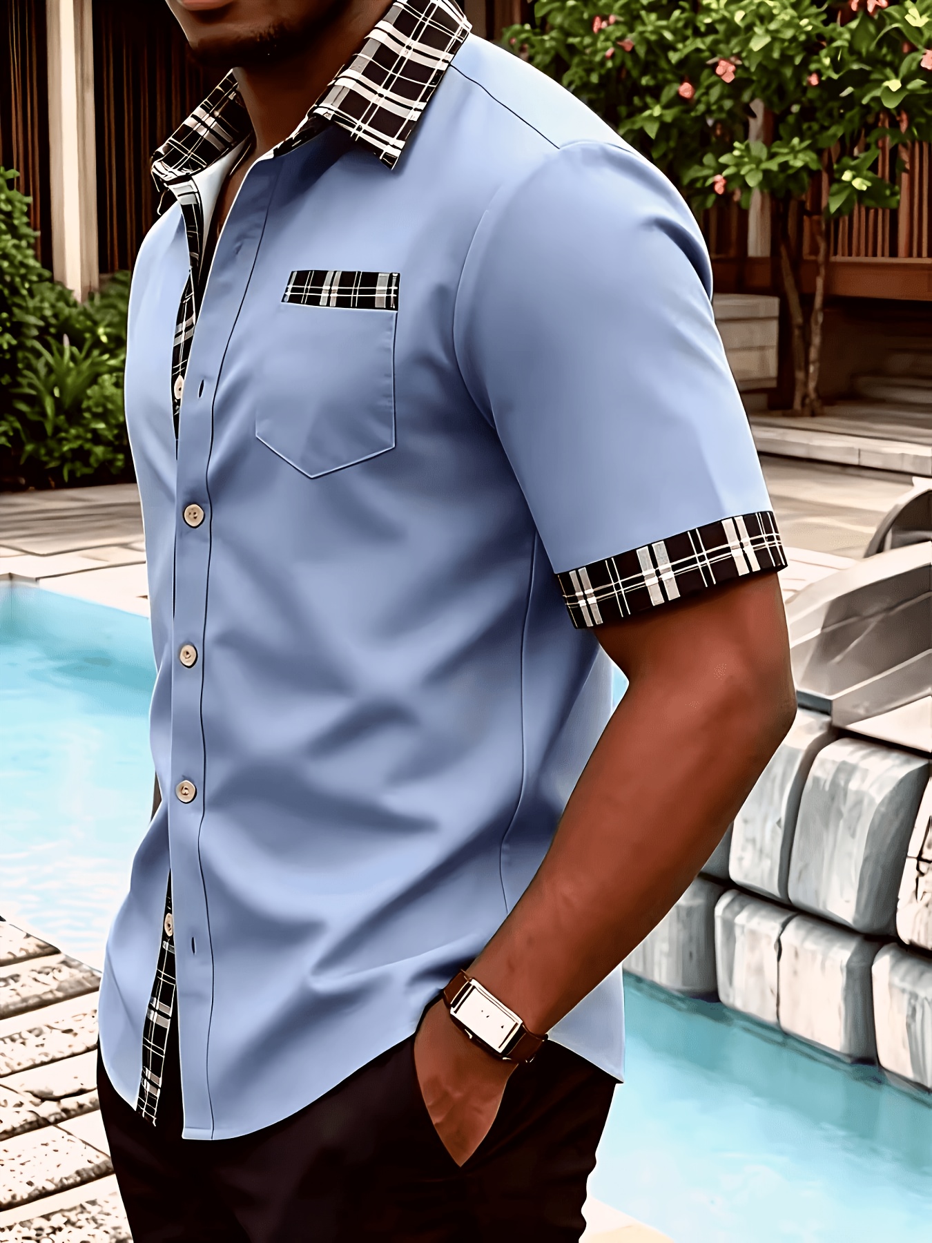 Sky Blue Plain Short-Sleeve Shirt with Plaid Trim