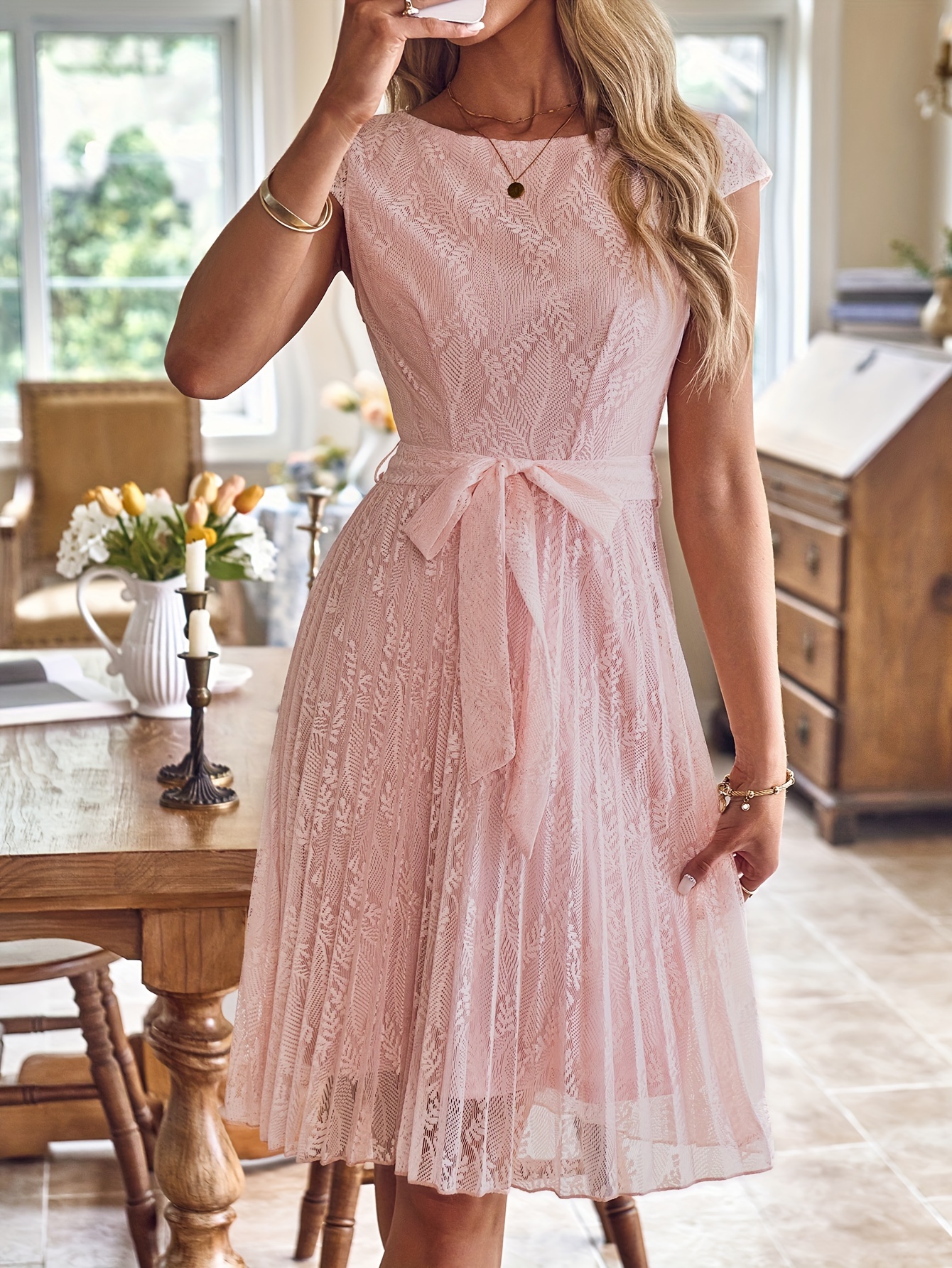 Pink Lace A-Line Dress with Short Sleeves
