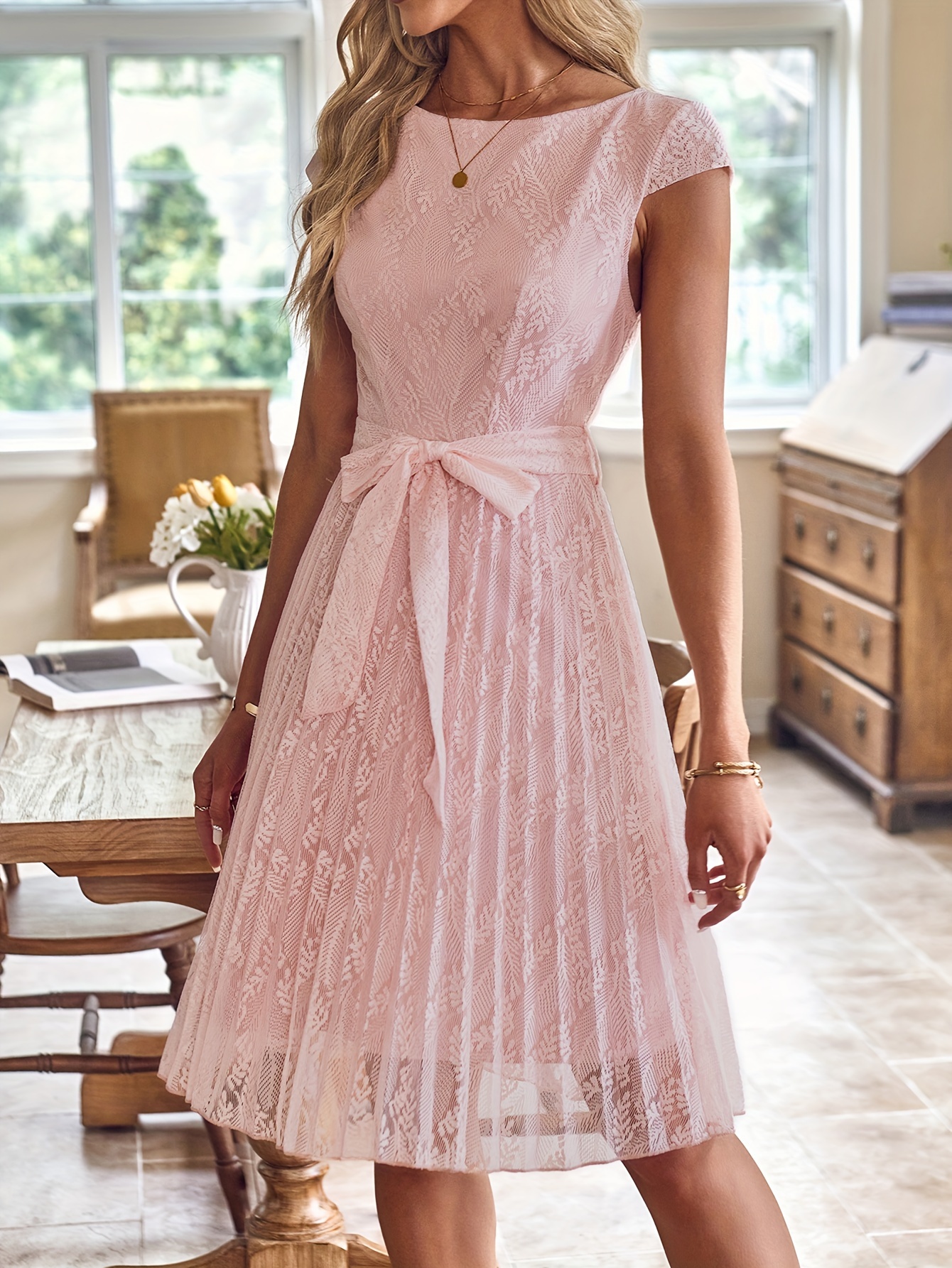 Pink Lace A-Line Dress with Short Sleeves