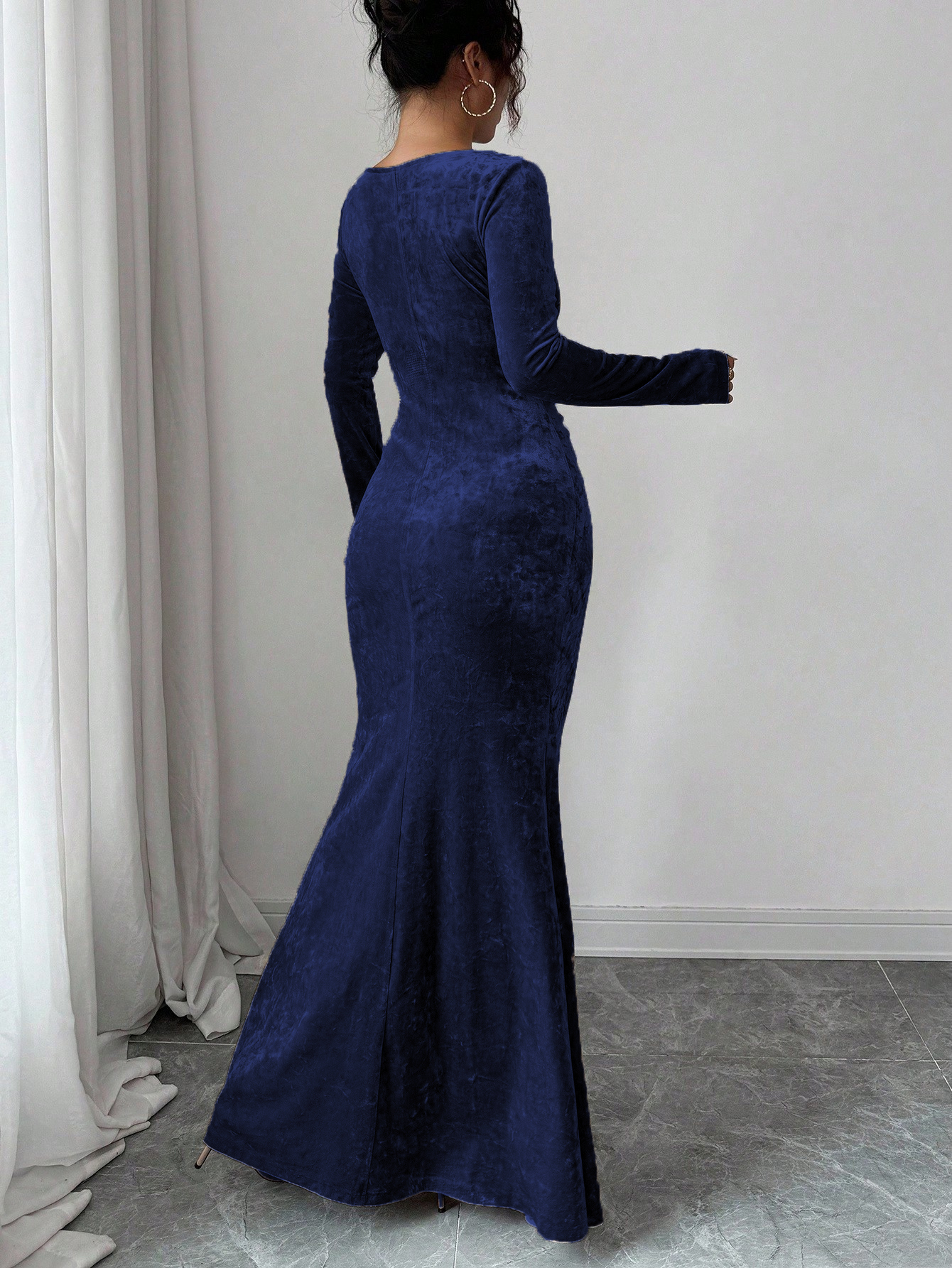 Navy Blue Velvet Maxi Dress with Long Sleeves