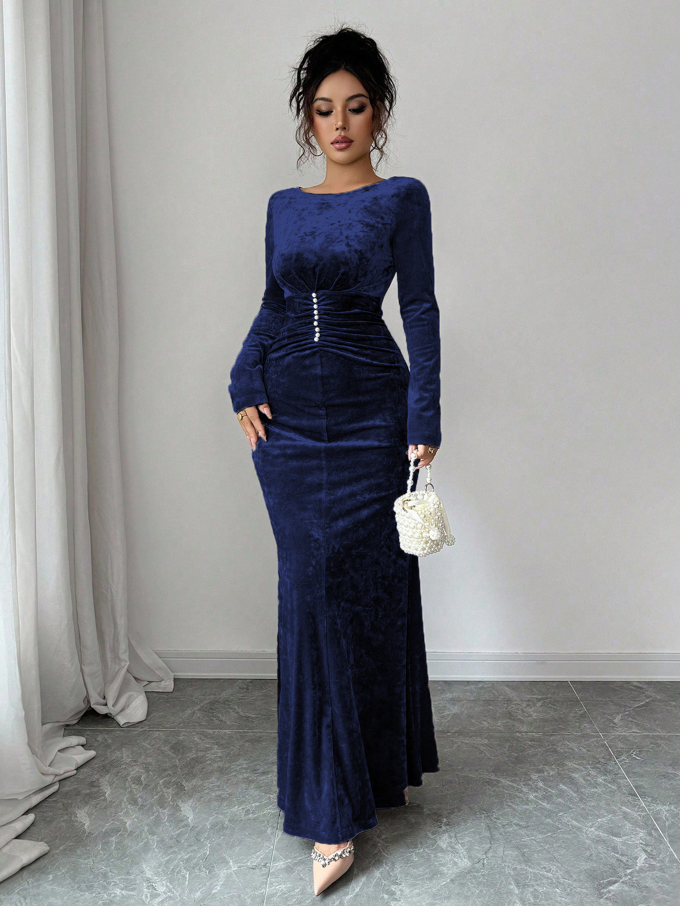 Navy Blue Velvet Maxi Dress with Long Sleeves