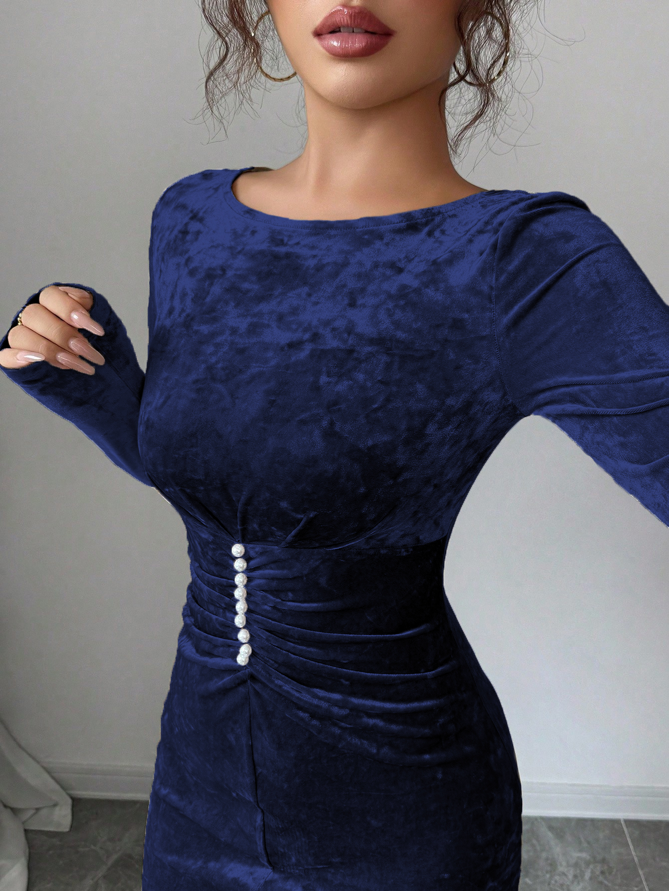 Navy Blue Velvet Maxi Dress with Long Sleeves