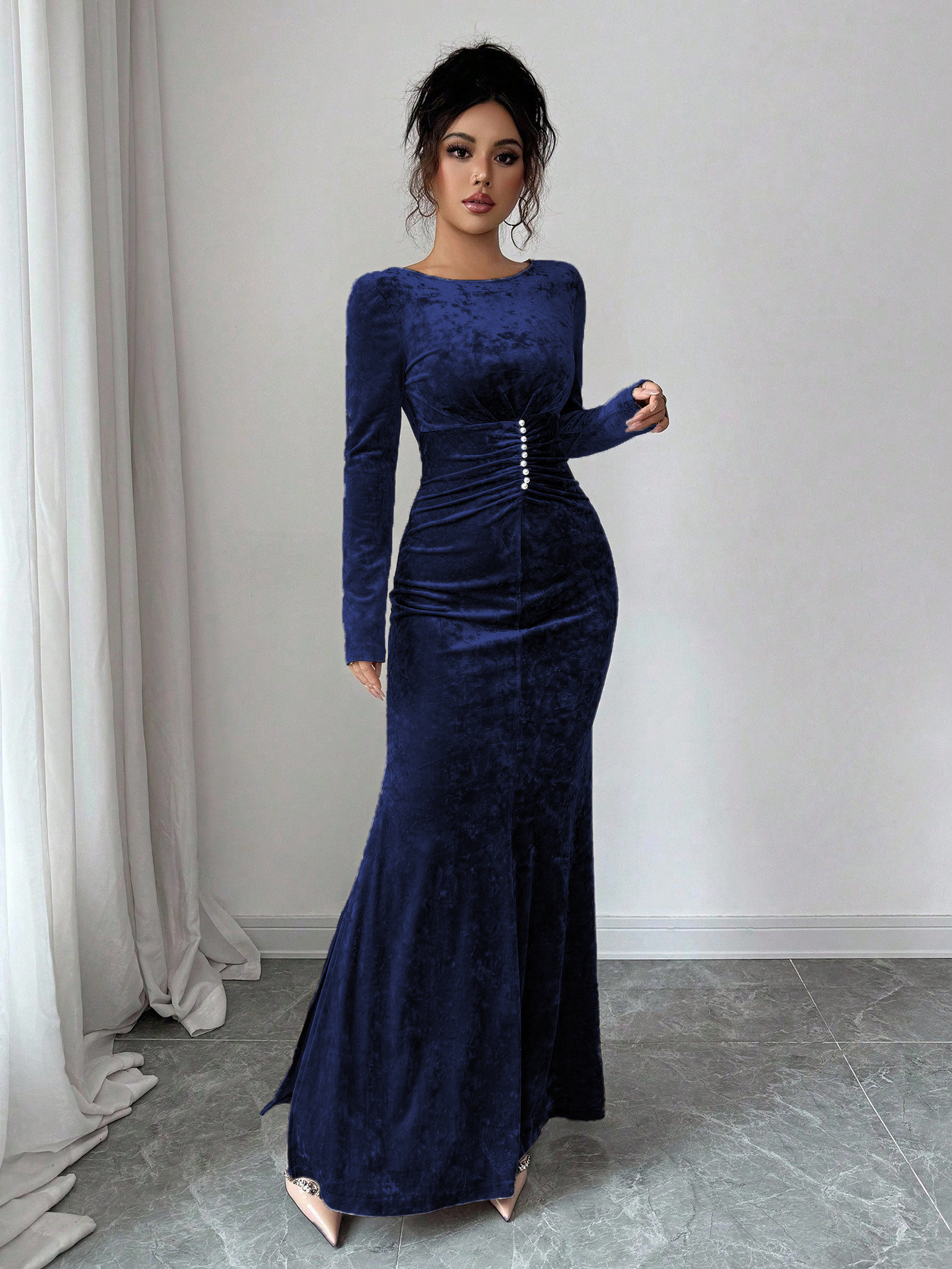 Navy Blue Velvet Maxi Dress with Long Sleeves