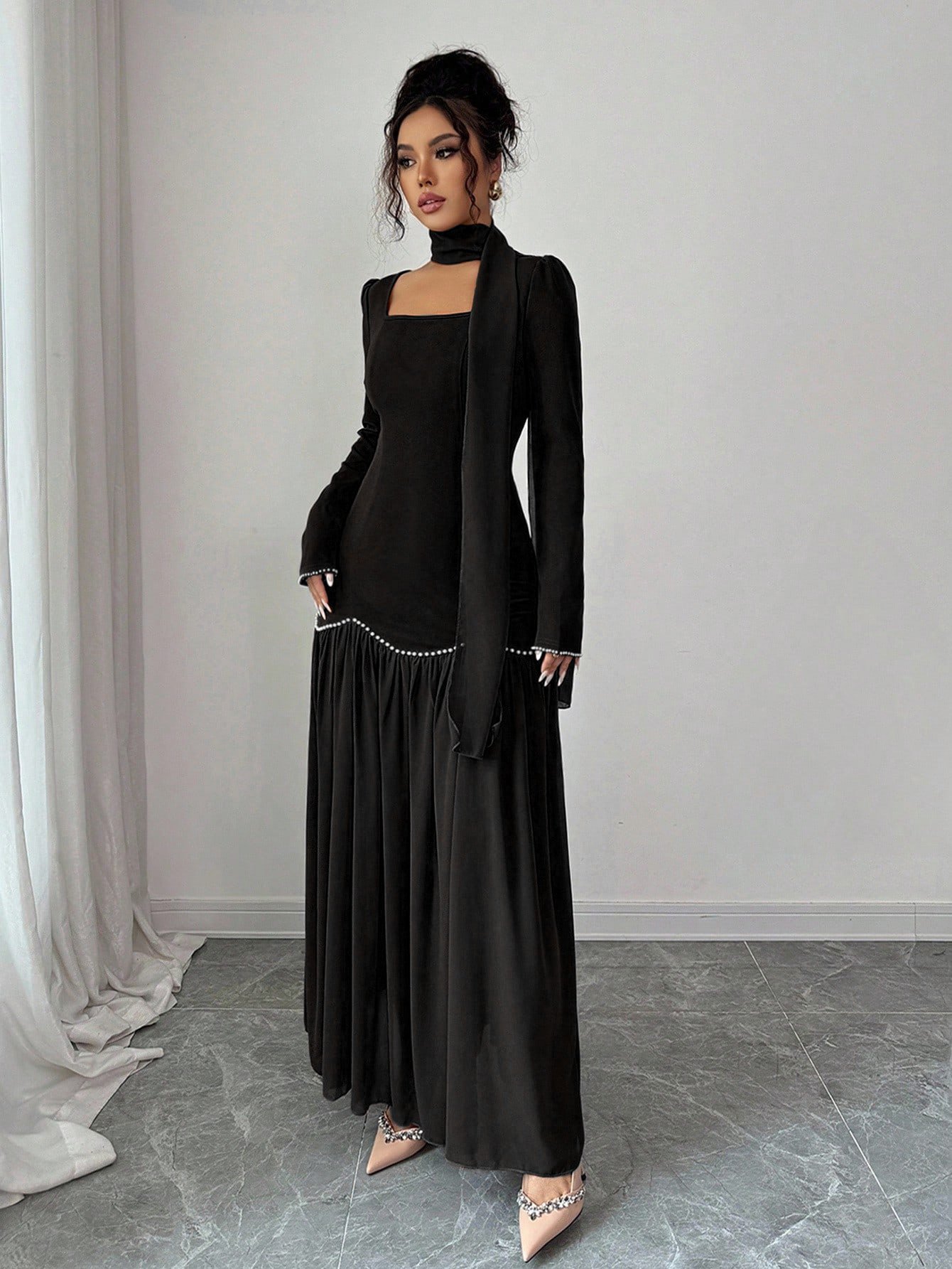  Black Maxi Dress with Long Sleeves
