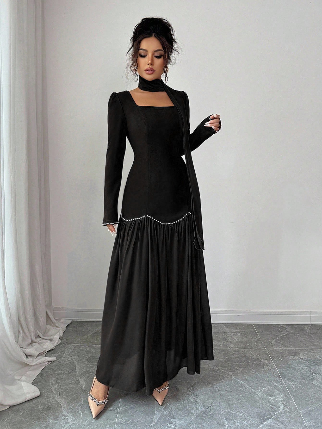  Black Maxi Dress with Long Sleeves
