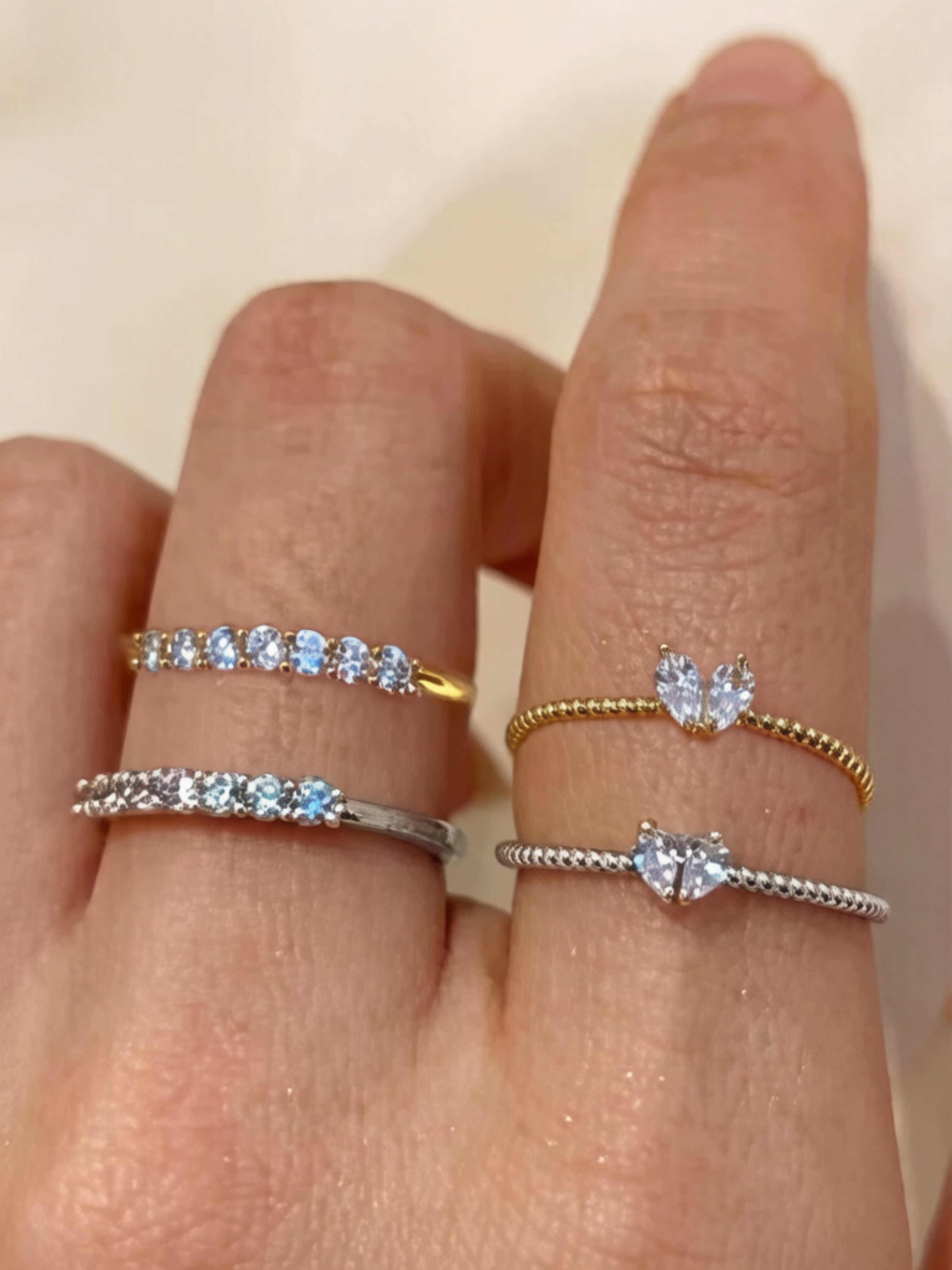 Aquamarine and Cubic Zirconia Heart Rings Set