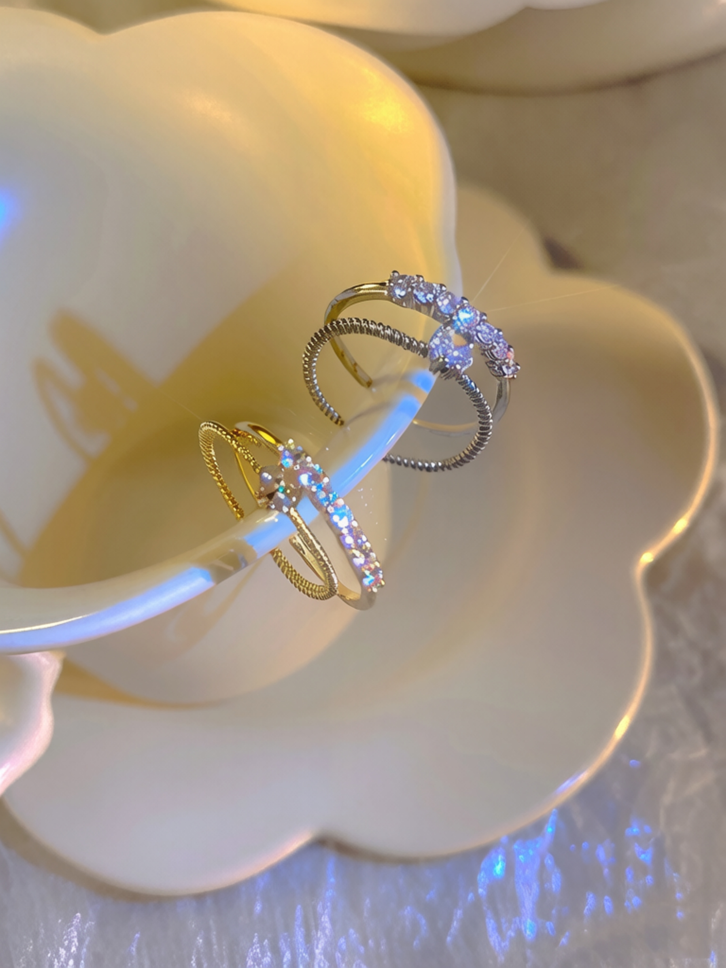 Aquamarine and Cubic Zirconia Heart Rings Set