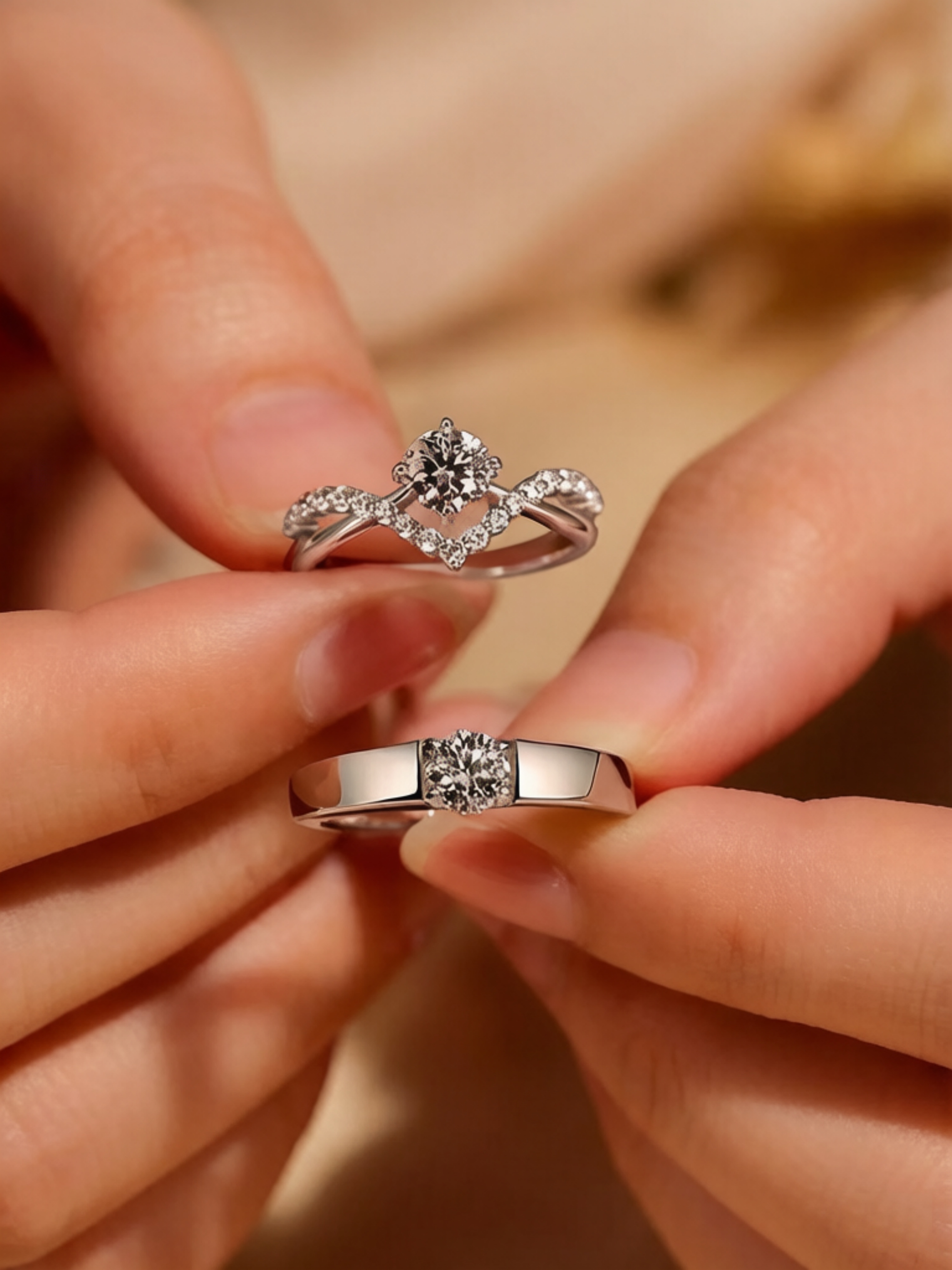 Silver Solitaire and Pave Ring Set