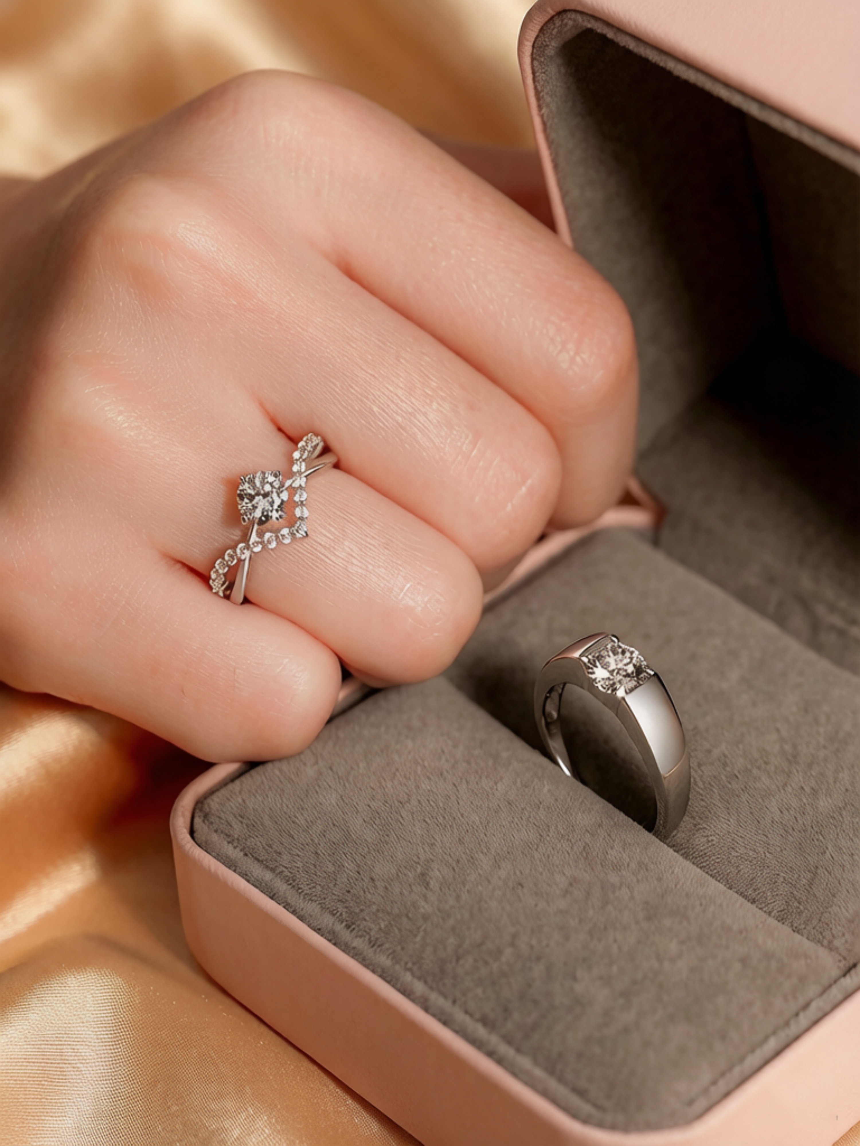 Silver Solitaire and Pave Ring Set