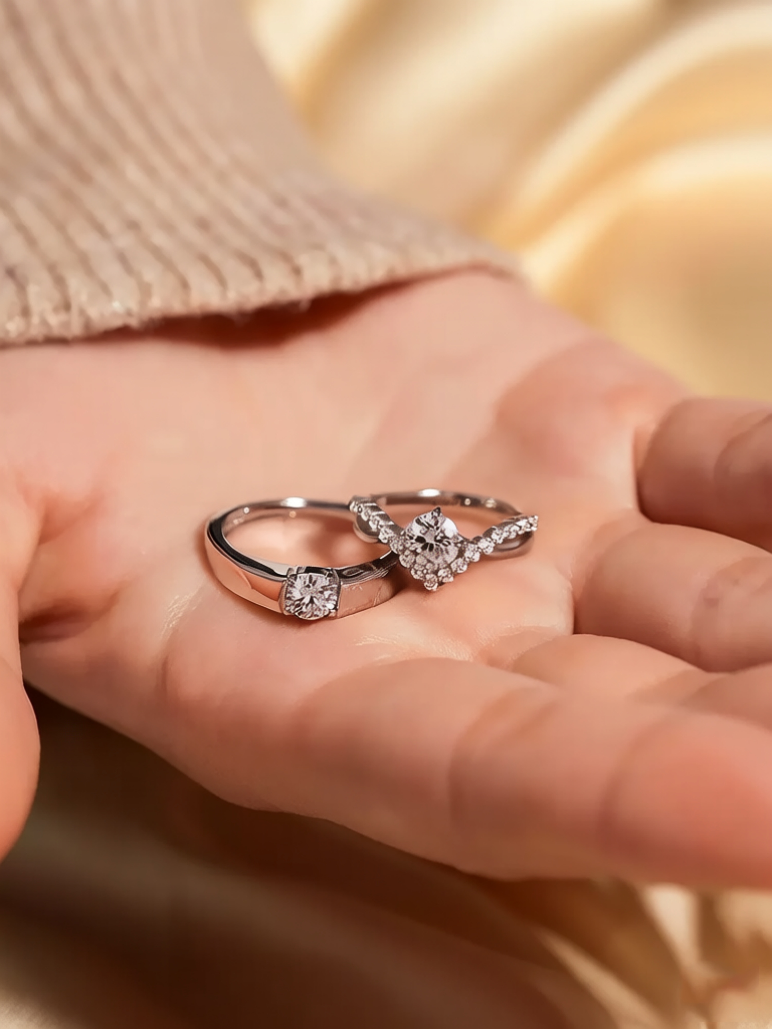 Silver Solitaire and Pave Ring Set