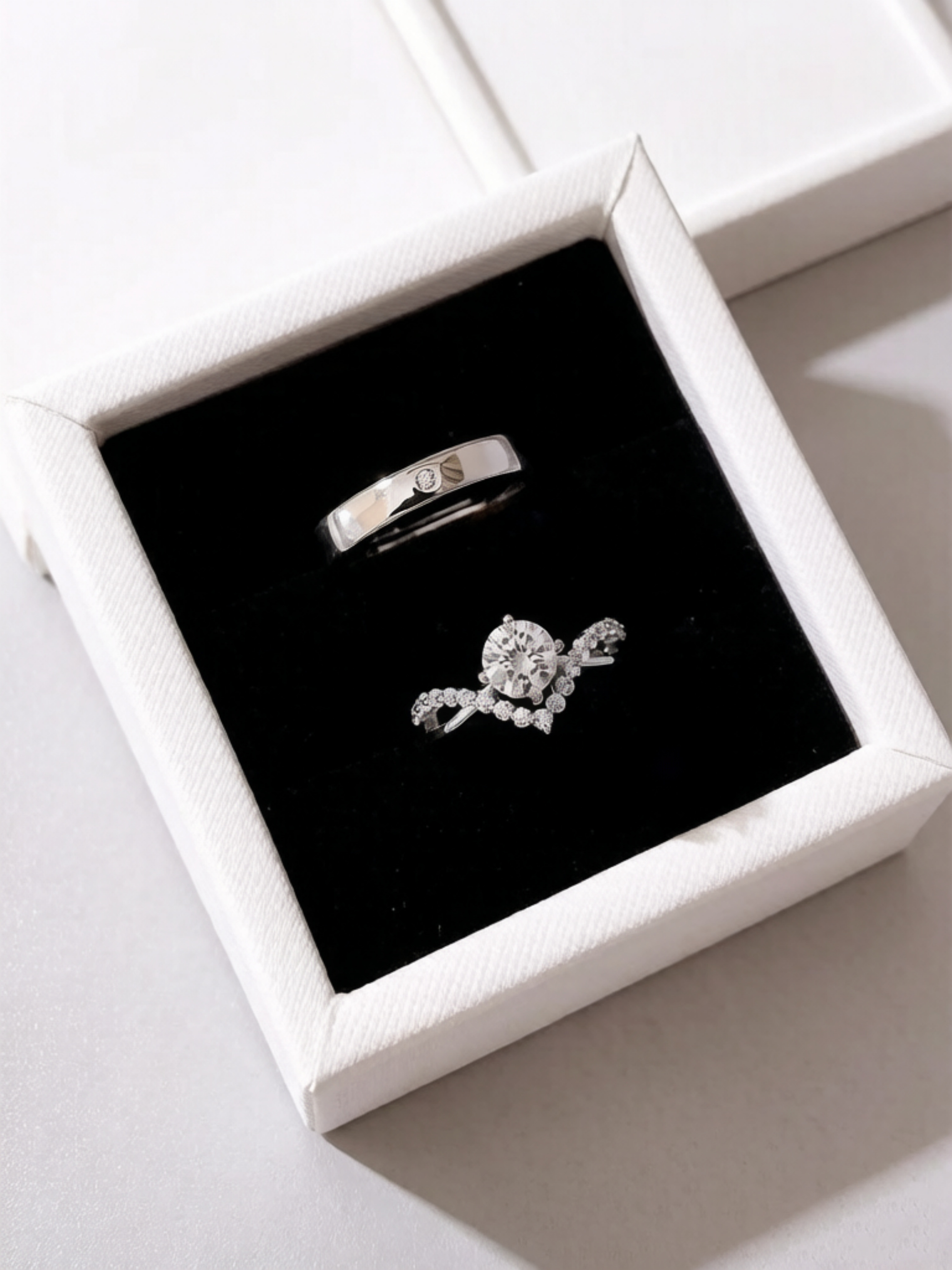 Silver Solitaire and Pave Ring Set