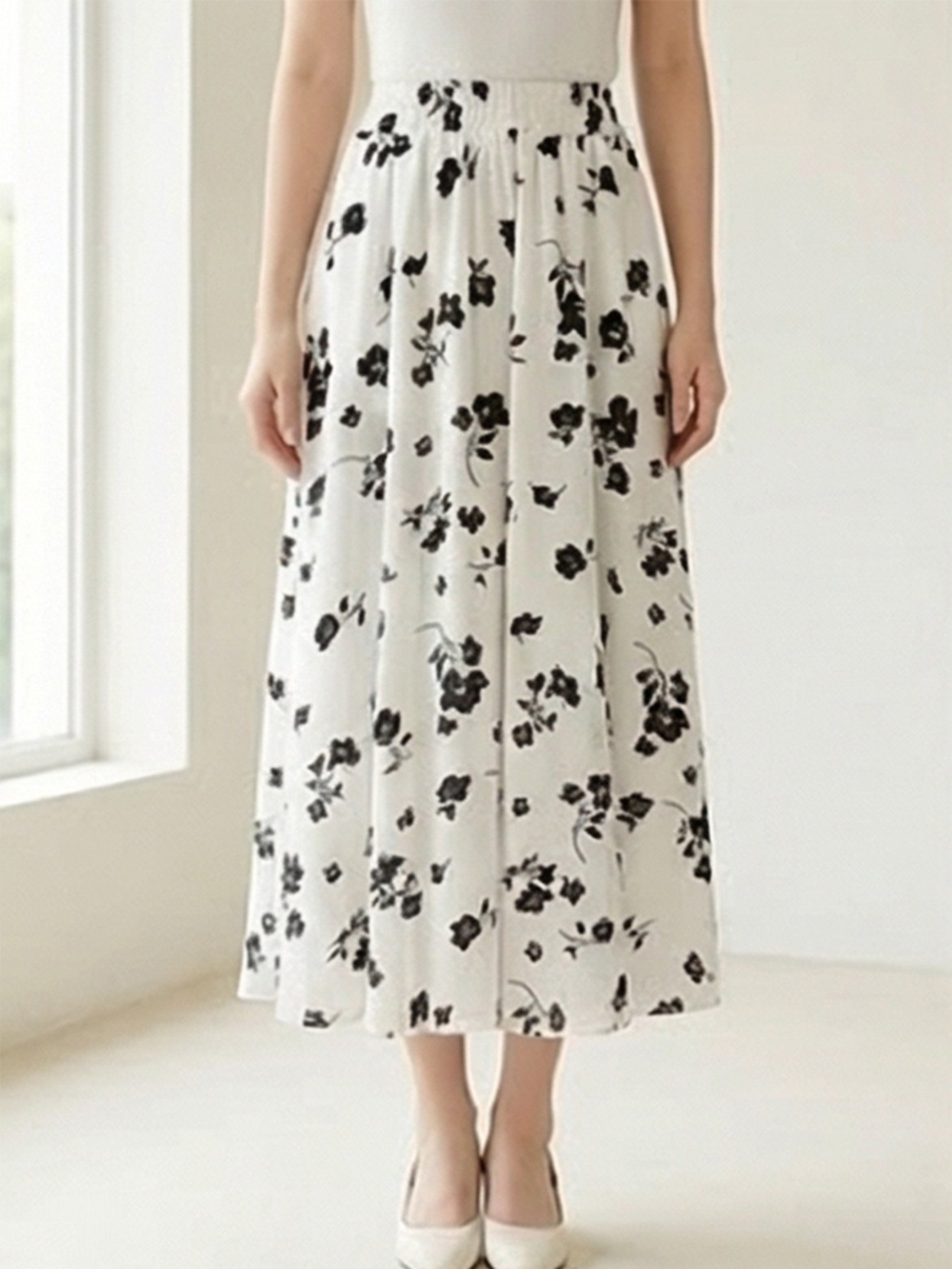 Elegant White Floral Flared Midi Skirt for Women - Modest Summer Style