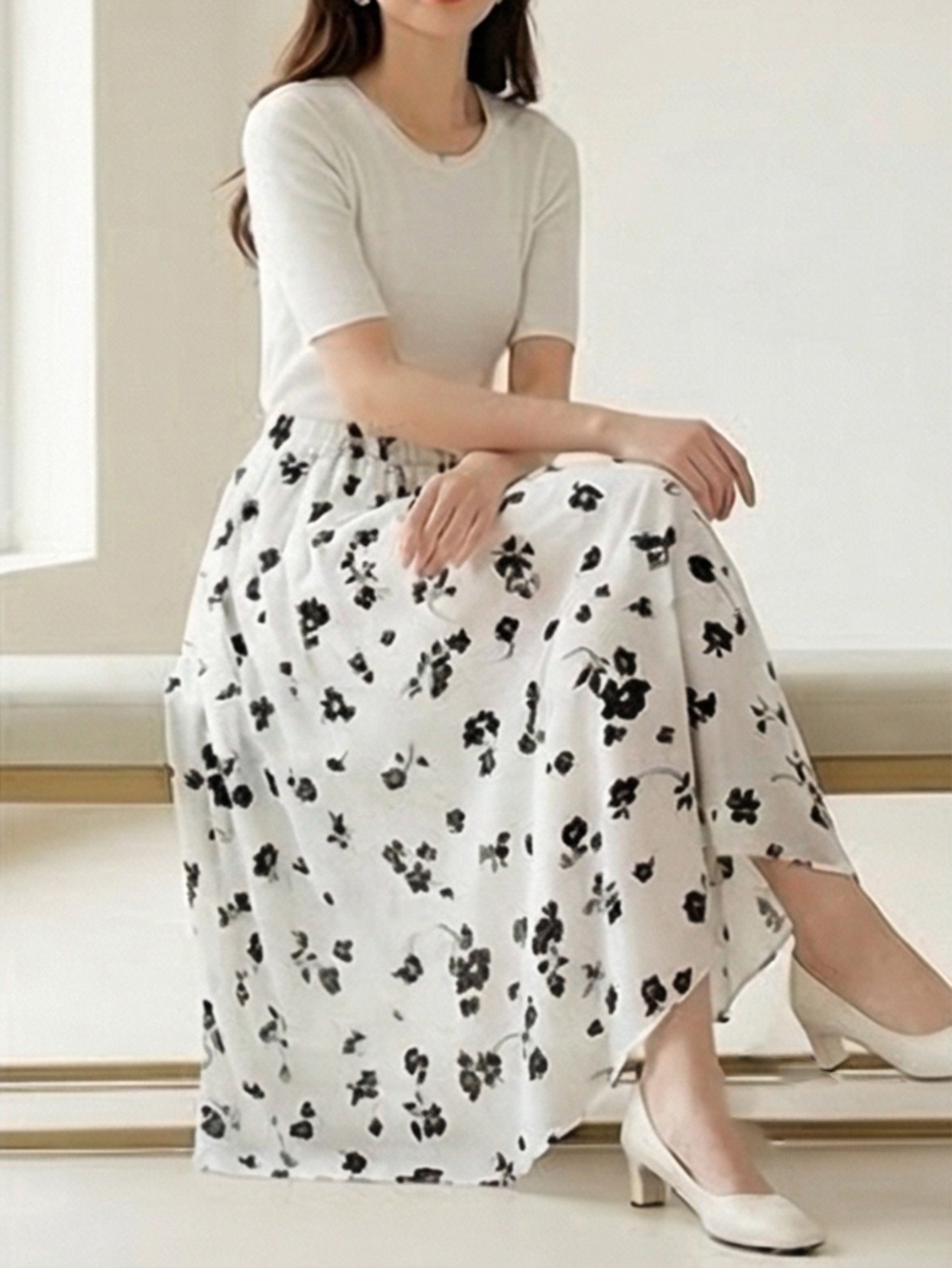 Elegant White Floral Flared Midi Skirt for Women - Modest Summer Style