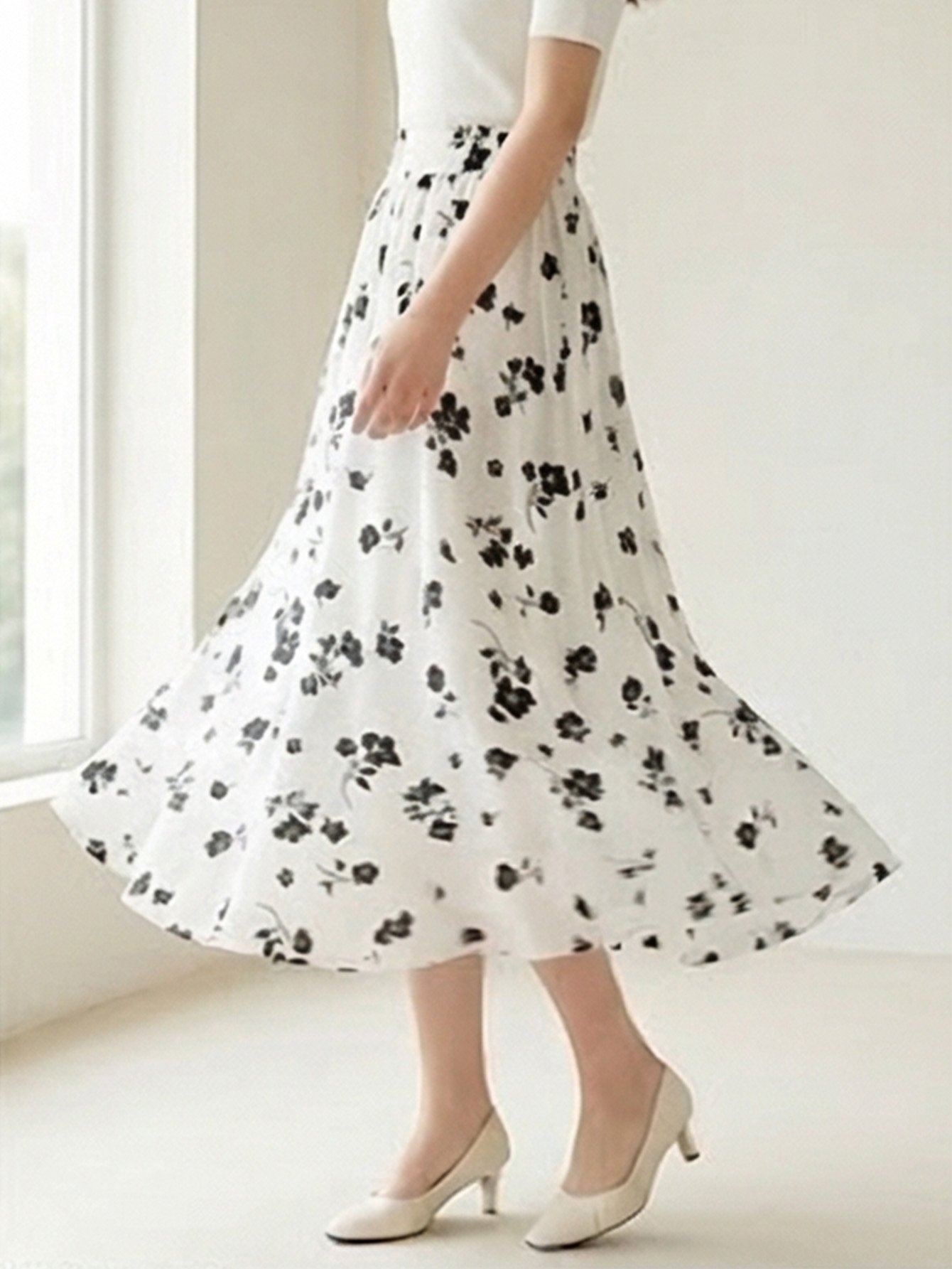 Elegant White Floral Flared Midi Skirt for Women - Modest Summer Style