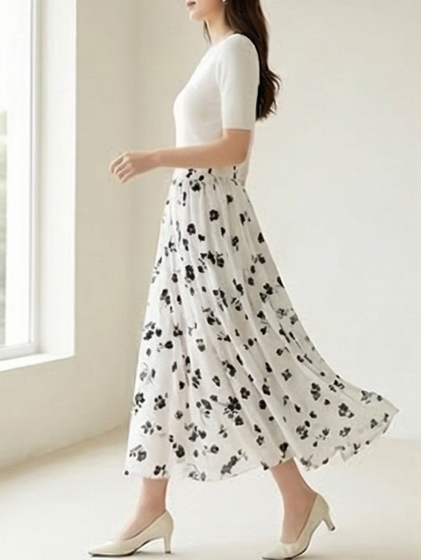 Elegant White Floral Flared Midi Skirt for Women - Modest Summer Style
