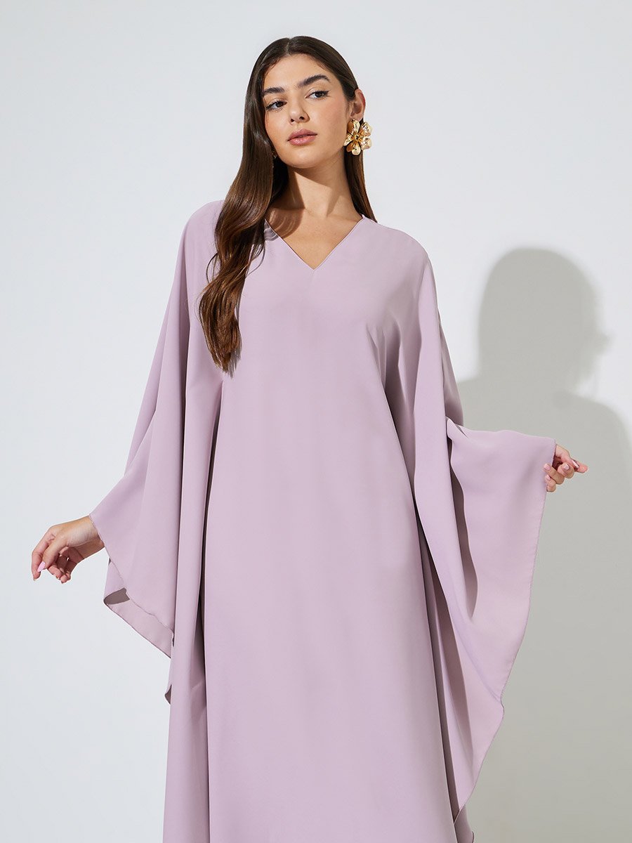 Purple Solid Batwing Sleeves V-Neck Maxi Kaftan