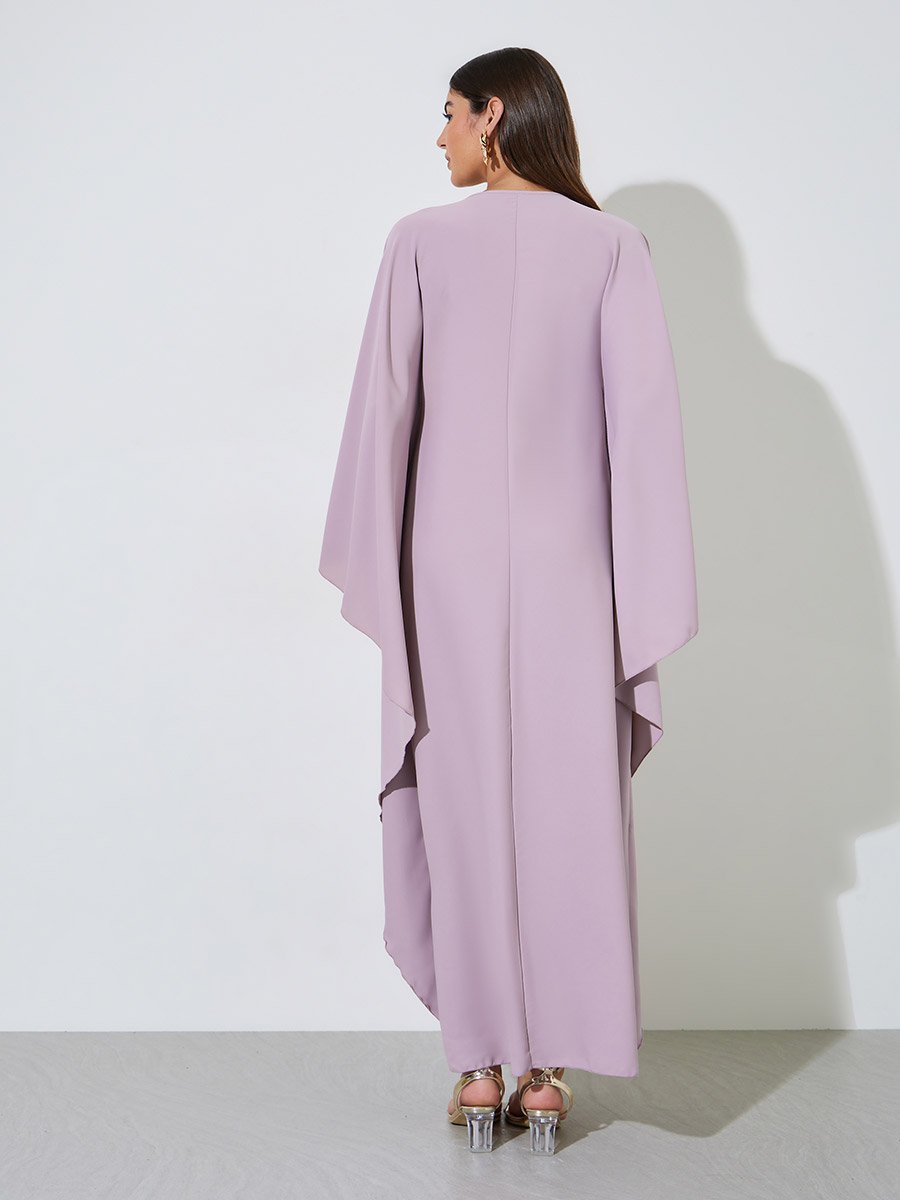 Purple Solid Batwing Sleeves V-Neck Maxi Kaftan